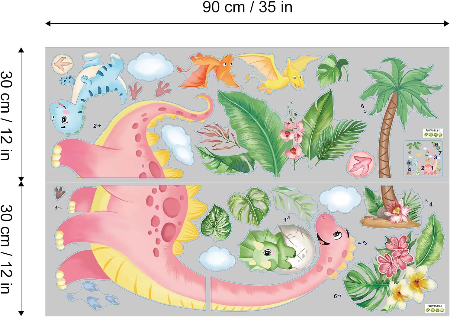 Cartoon Pink Dinosaur and Palm Tree Wall Decals, Vibrant Peel and Stick Nursery Decor for Baby Room, Kindergarten, Daycare