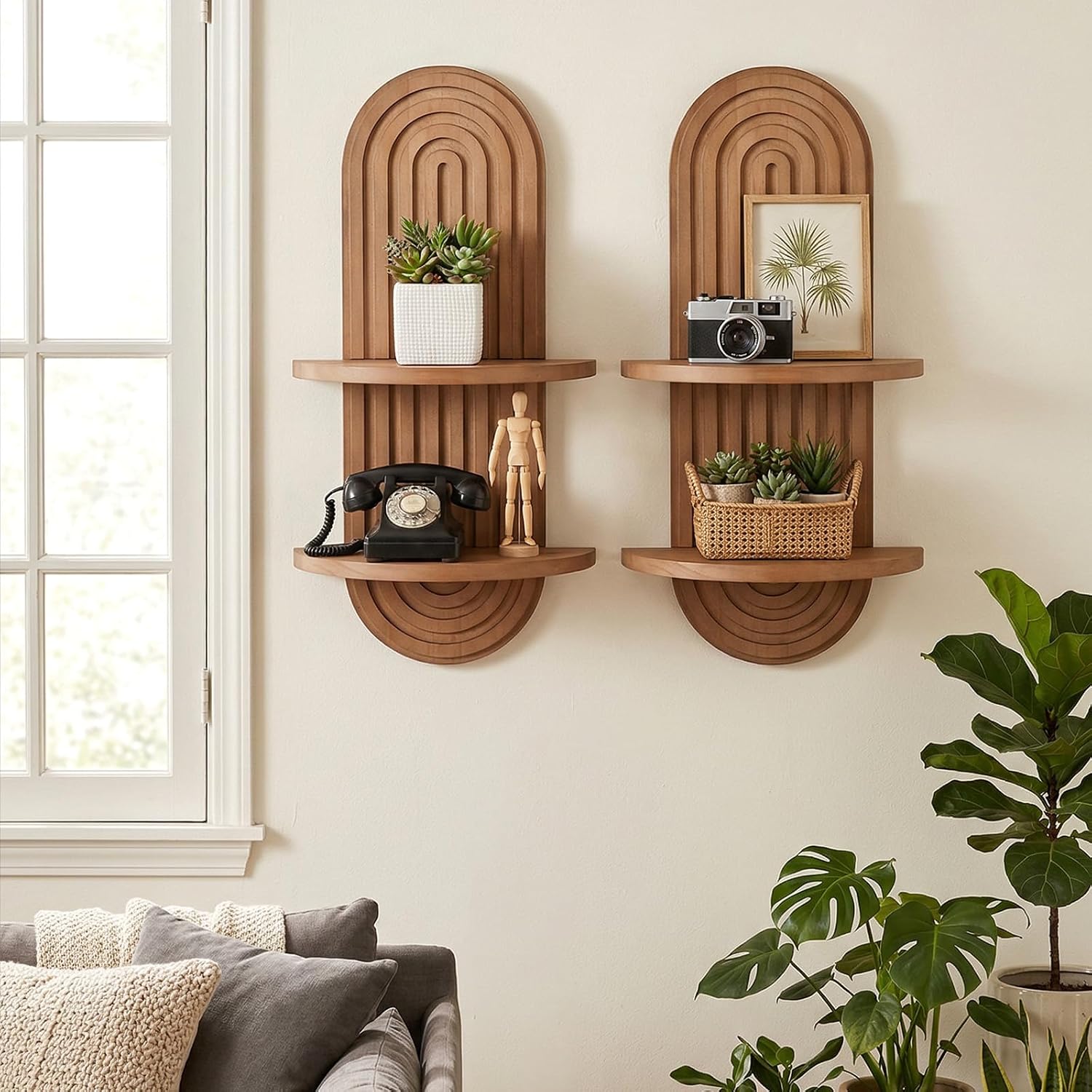 Set of 2 Boho Floating Shelves for Wall, Mid-Century Arch Wooden Hanging Shelf with Rattan Accent, Vintage Bohemian Wall Decor for Living Room, Bedroom, Bathroom (Brown)