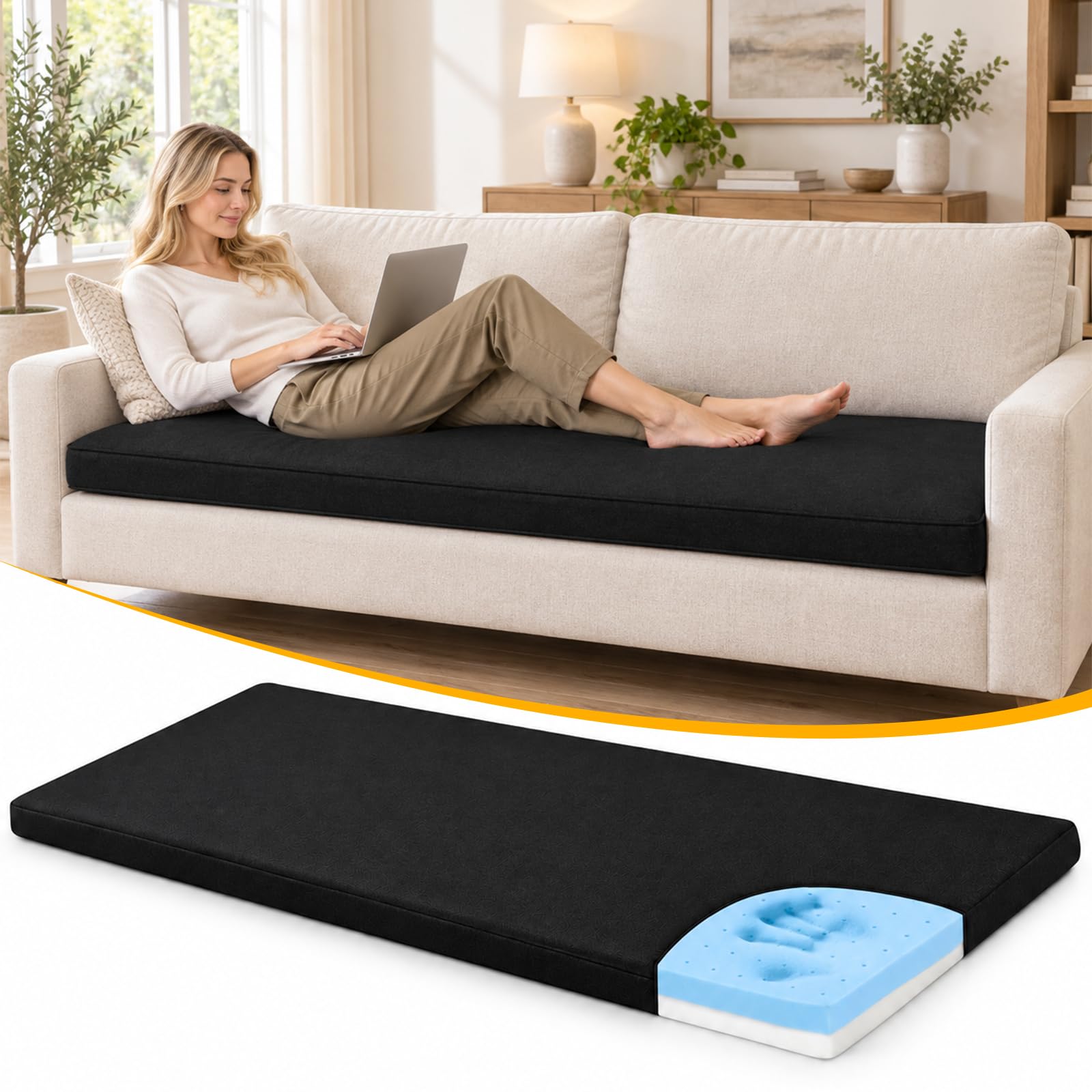 Memory Foam Sofa Topper, 180 x 61 x 7.5 cm Thickened Couch Topper Cushion