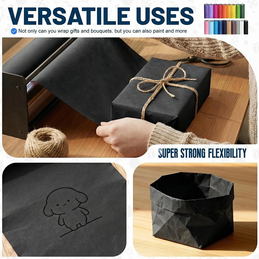 SMART&CASUAL Black Kraft Paper Roll 24" x 2,160" (180') for Gift Wrapping Bouquet Flower Art Painting Craft Writing Packaging Shipping 80GSM 55LB (Black, 24" x 180') image 4