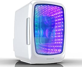 Frigidaire Gaming Light Up Mini Beverage Refrigerator, 6 can, 4 liters, Cooler with large see through door and LED lights Perfect for Gaming Experience, Home, Office, or Cars.12V Charger (White)