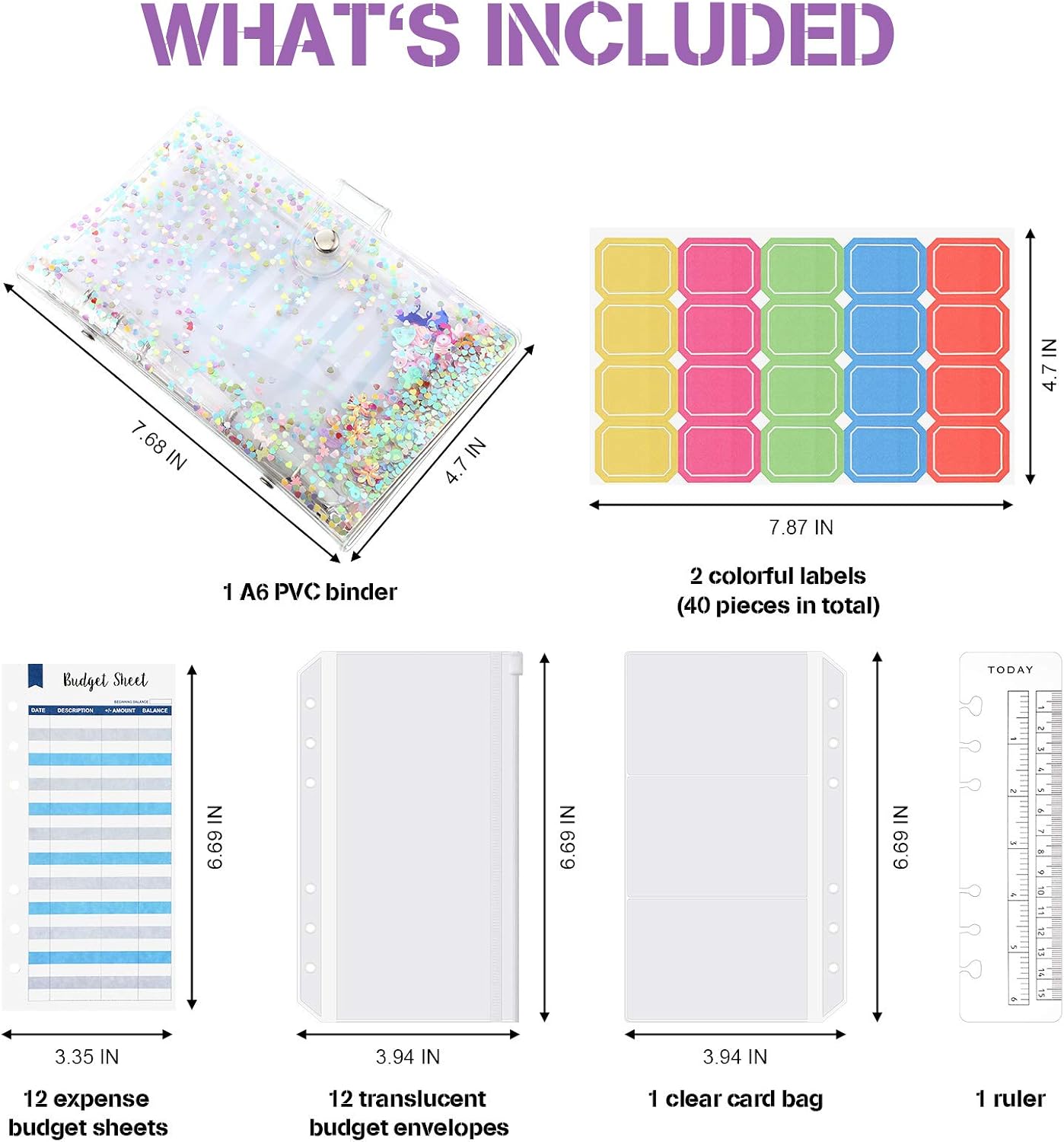 28 Pieces A6 Binder PVC Notebook Cover, Binder Budget Envelopes System Budget Planner Organizer, Waterproof 6-Ring Binder Cover with Binder Pockets, Budget Sheets, Card Bag and Labels (Sequins)