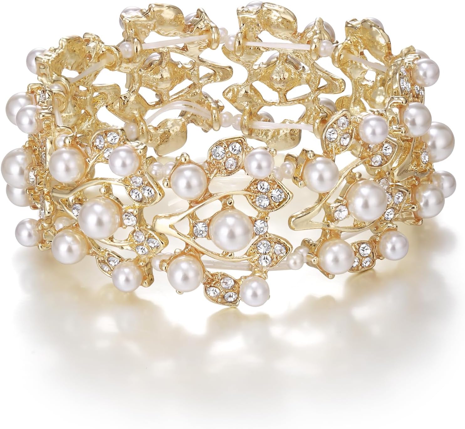 EVER FAITH Crystal Cream Simulated Pearl 1920's Style Leaf Wedding Prom Stretch Bracelet for Women