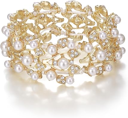 EVER FAITH Crystal Cream Simulated Pearl 1920s Style Leaf Wedding Prom Stretch Bracelet for Women