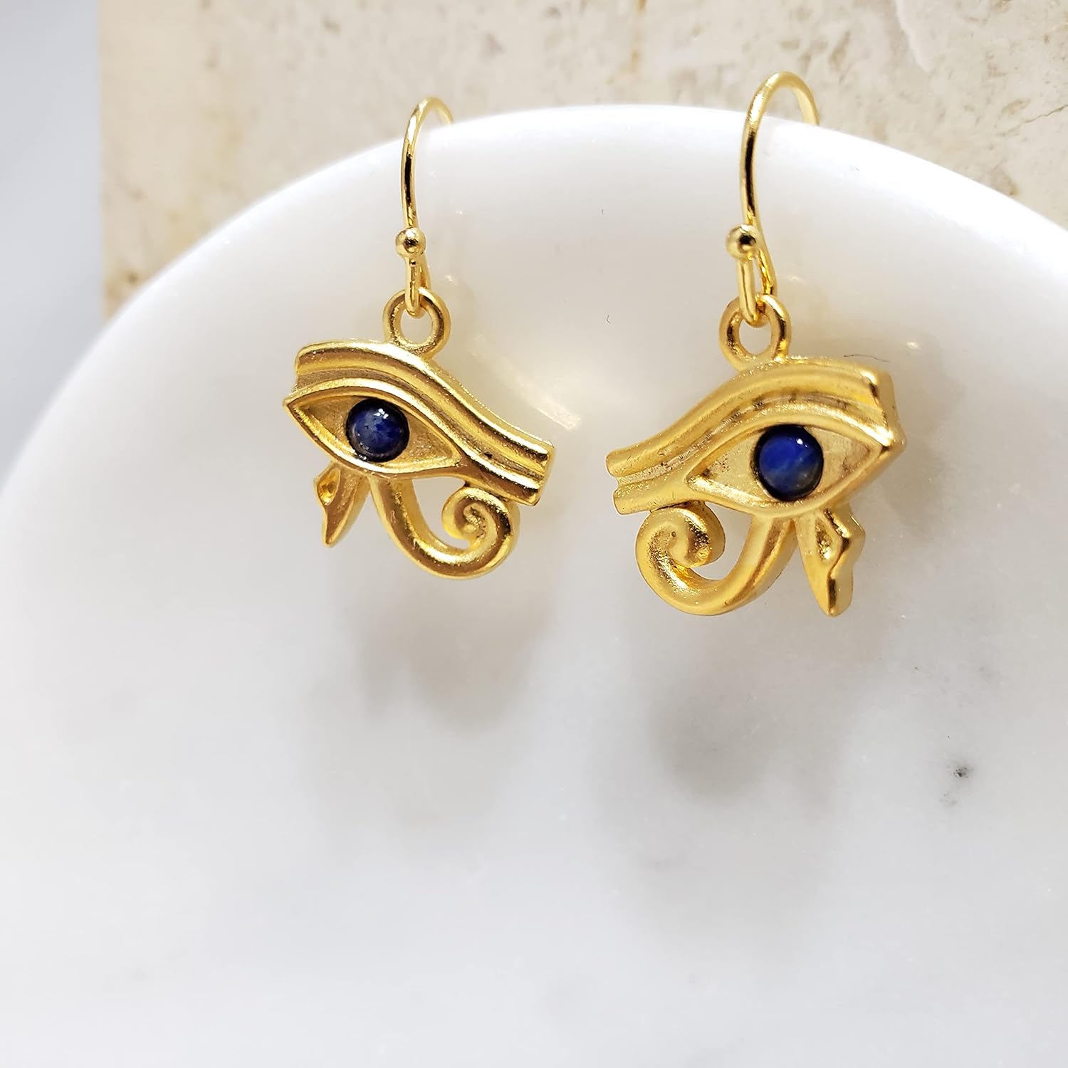 Eye of Horus Earrings with Lapis - Bright Gold Plated