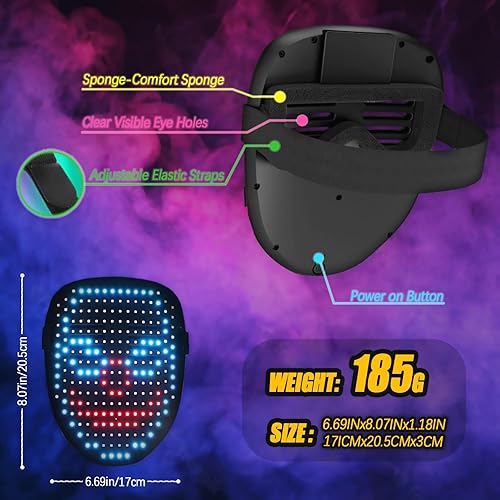 Miniatura 10 de Ompusos LED Mask with Gesture Sensing, Light-Up Transforming Face Cover for Halloween, Christmas, Cosplay & Birthday Parties