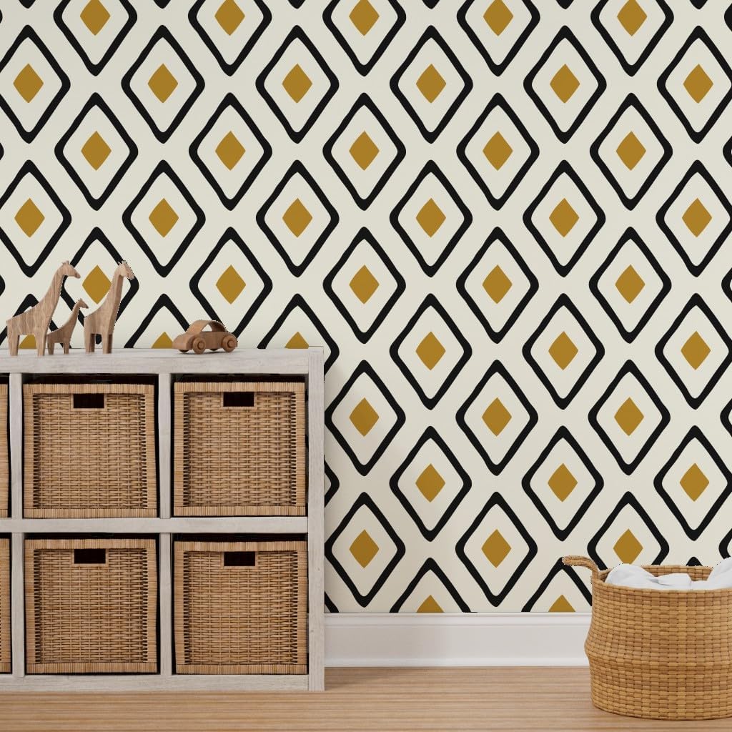 Peel & Stick Wallpaper 3ft x 2ft - Diamond Dark Black Ivory Yellow Geometric Large Custom Removable Wallpaper by Spoonflower