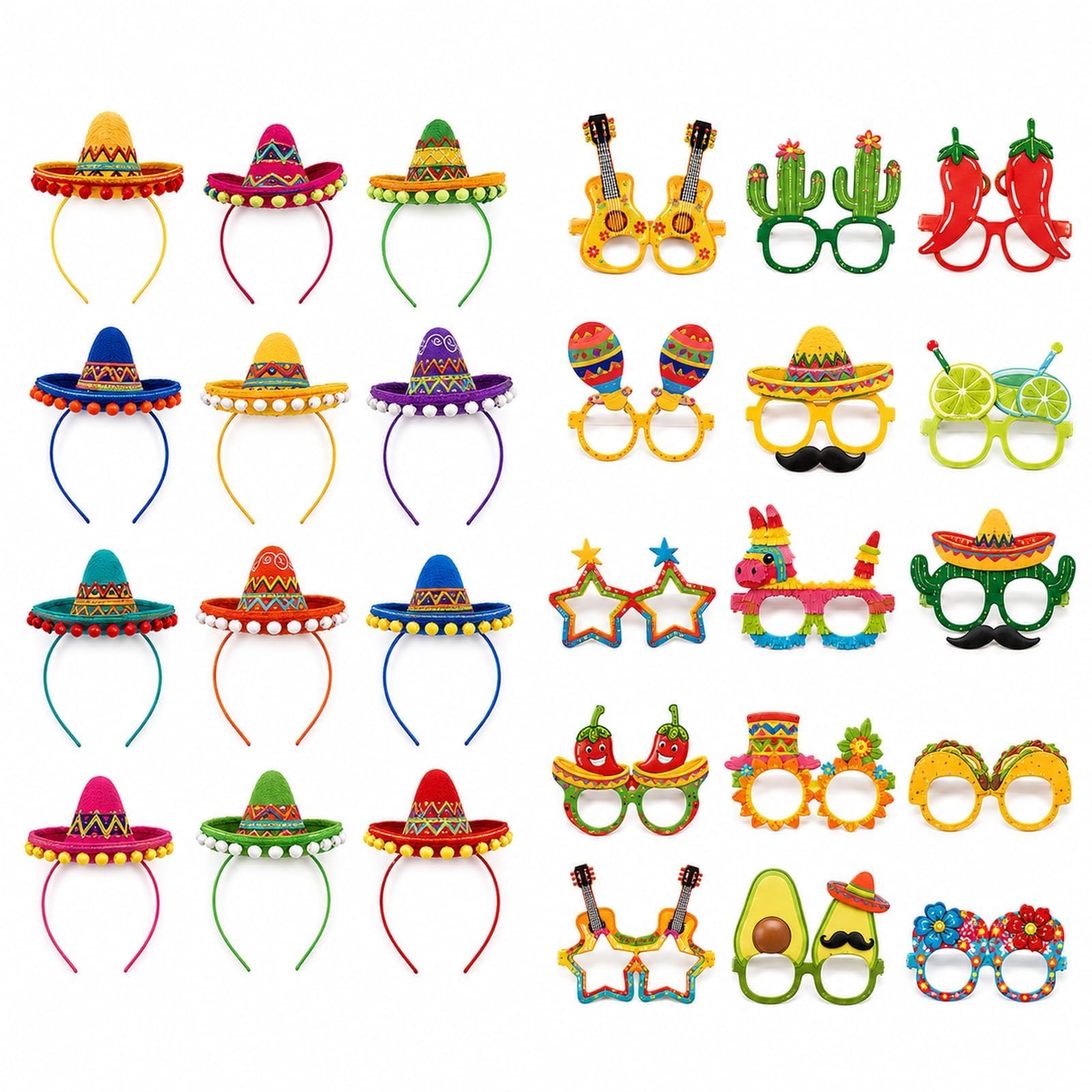 24PCS Mexican Sombrero Hat Headband & Fiesta Glasses for Party