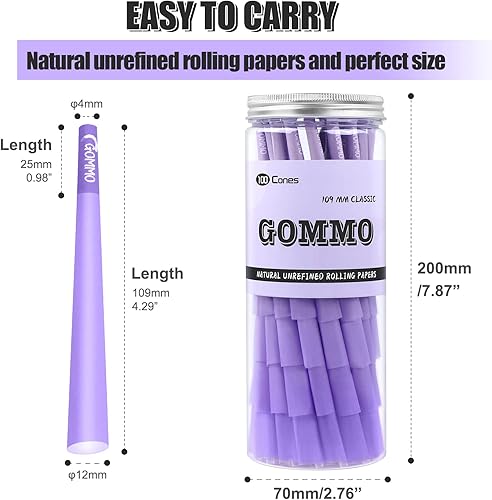Miniatura 5 de GOMMO Paquete de 100 conos preenrollados, tamaño King, papel de liar de conos morados naturales con cuchara de embalaje dorada incluida