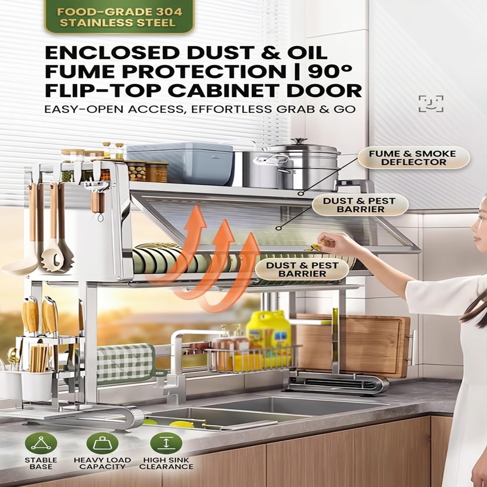 Scolapiatti a 2 ripiani in acciaio inox da 76,2 cm, con coperchio e vassoio antigoccia, organizer salvaspazio da cucina per piccoli appartamenti, resistente alla ruggine, facile da pulire
