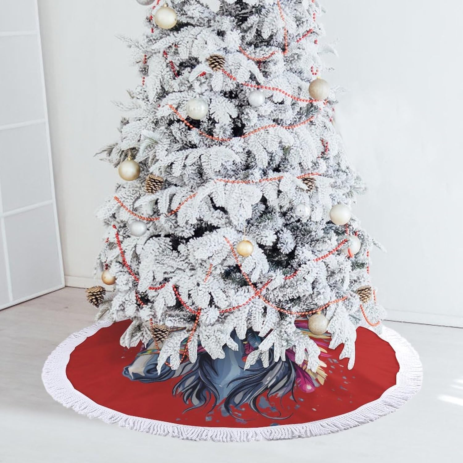 Horse Riding Native US Indian Christmas Tree Skirt Round Xmas Tree Mat Ornaments Tree Skirts with Tassels for Holiday Party
