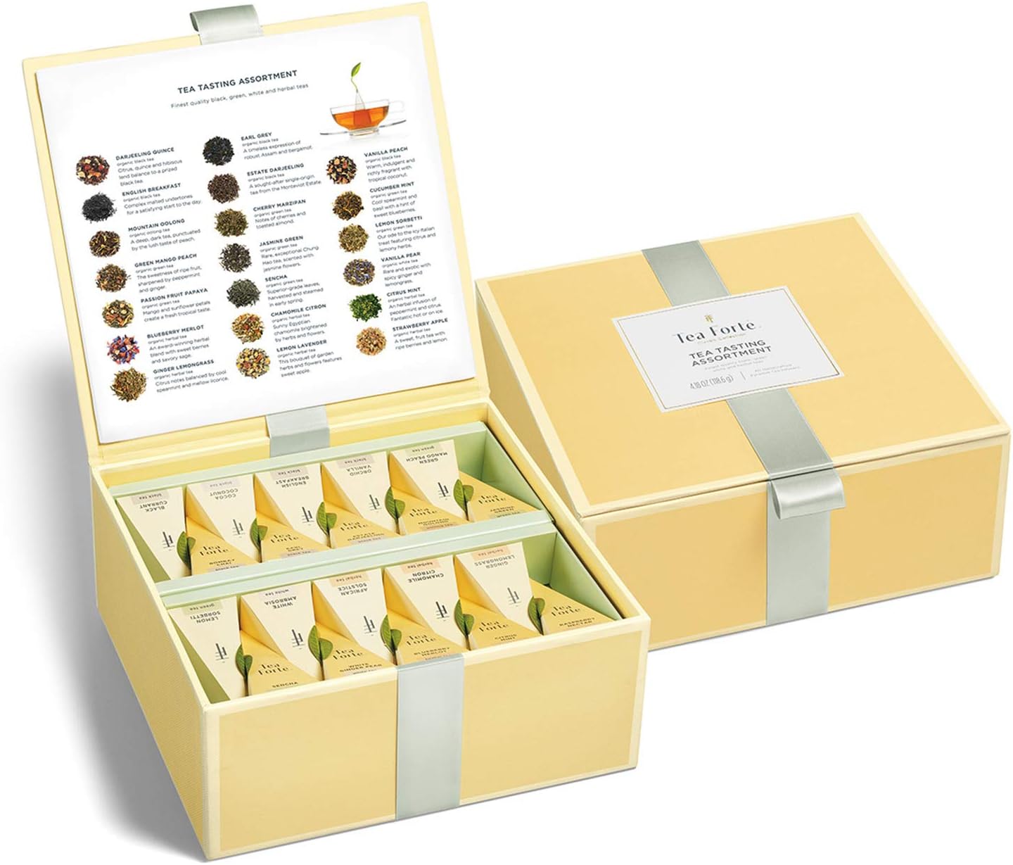 Tea Forté Tea Box with 40 Handmade Pyramid Shaped Tea Bags of Various Types to Try - Black Tea, Herbal Tea, Oolong Tea, Green Tea and White Tea