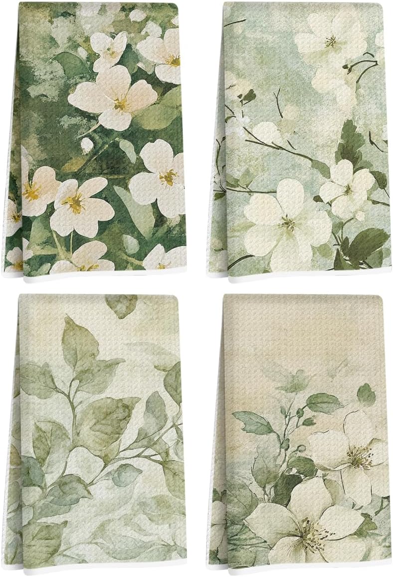 Jztco 4 Pcs Vintage Flower Kitchen Towels, Rustic Decorative Absorbent Microfiber Dish Cloth Tea Towel, Durable Waffle Hand Towels for Farmhouse Home Bathroom, Housewarming Gifts