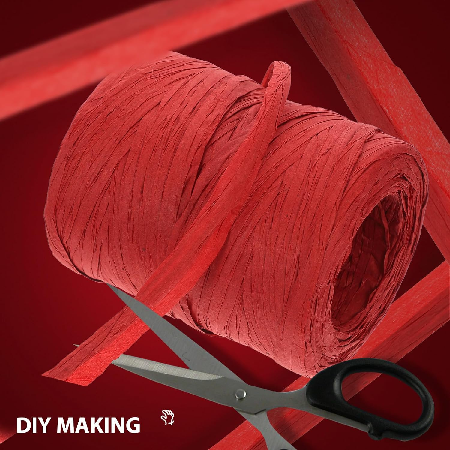 WOONEKY Raffia Paper Rope and Packing Rope for Crafts and Florist Bouquets, 100m Red Roll, Eco-Friendly DIY Decoration Ribbon for Party Wrapping and Packaging