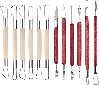 12Pcs Double-Ended Clay Sculpting Tools Stainless Steel Polymer Clay Tool Ceramic Pottery Ribbon Sculpting Tools Wooden Handle Pottery Tool for Embossing