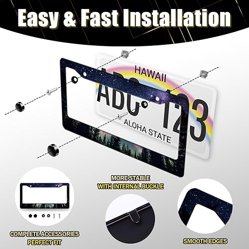 Miniatura 6 de Marco de matrícula con diseño de galaxia, diseño de estrellas, galaxia, luna, estrellas, personalizable, de acero inoxidable, a prueba de óxido,