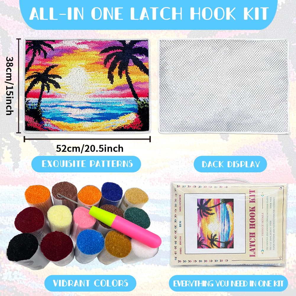 ORIGACH Sunset by The Beach Latch - Kit de alfombra con gancho para adultos, kit de fabricación de alfombras impresas a mano, cubierta de tapiz con pestillo de gancho y lienzo preimpreso, decoración