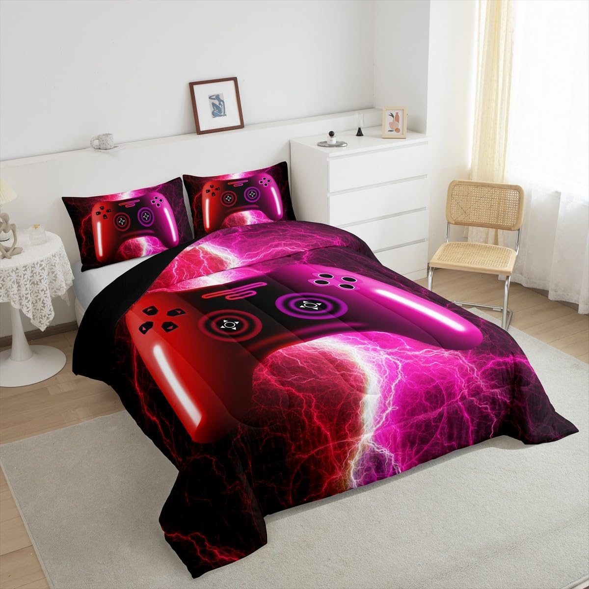 Erosebridal Gamer Twin Comforter Set for Boys Hot Pink Red Gaming Gamepad Bedding Set,Kids Video Game Console Bed Comforter Sets Modern Lightning Quilt Bed Set Bedroom Decor with 1 Pillowcase - Image 4