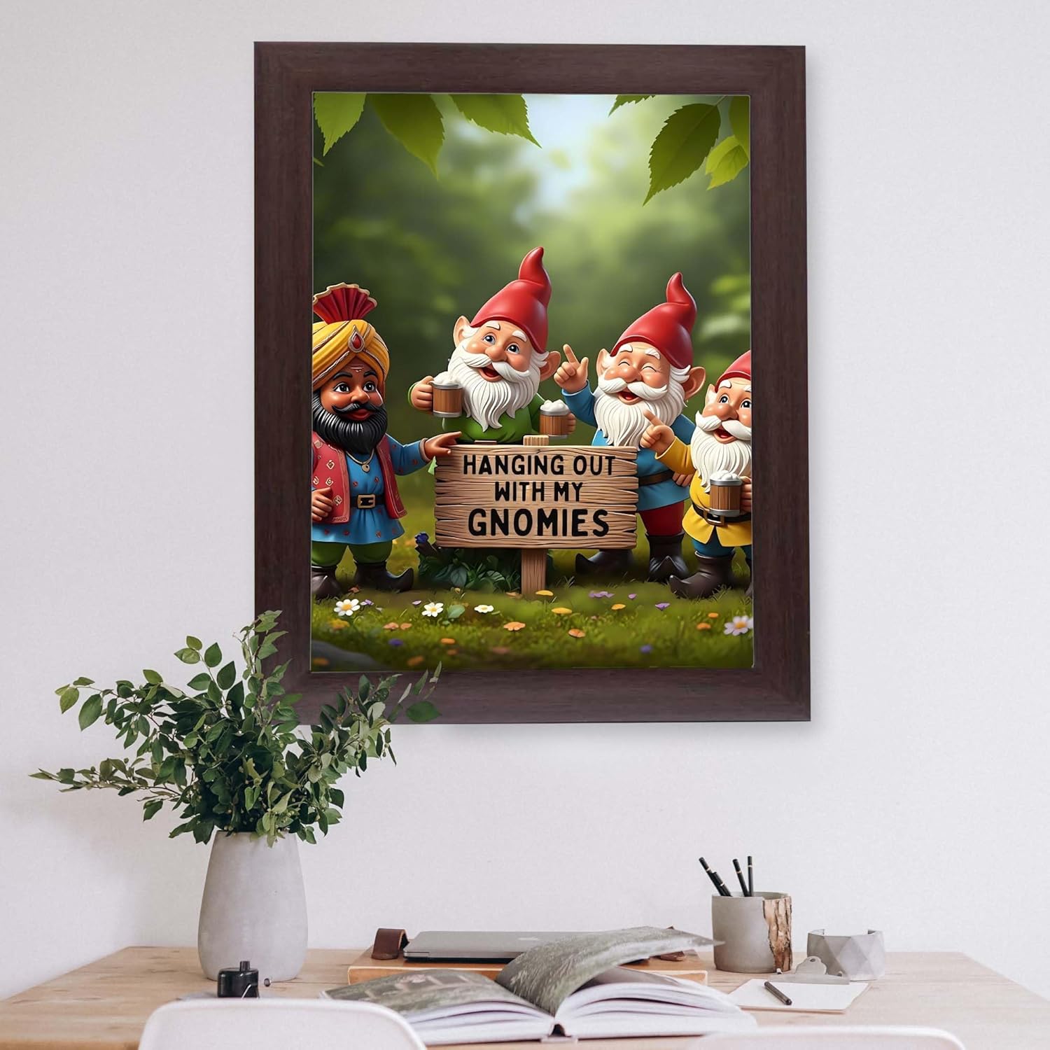InkFlow Posters Playful Gnome Friends Poster - Cheerful Fantasy Woodland Illustration Art - Lighthearted Garden Graphic Print - Cozy Cottage Wall Decor - 16x20 Unframed Canvas Print