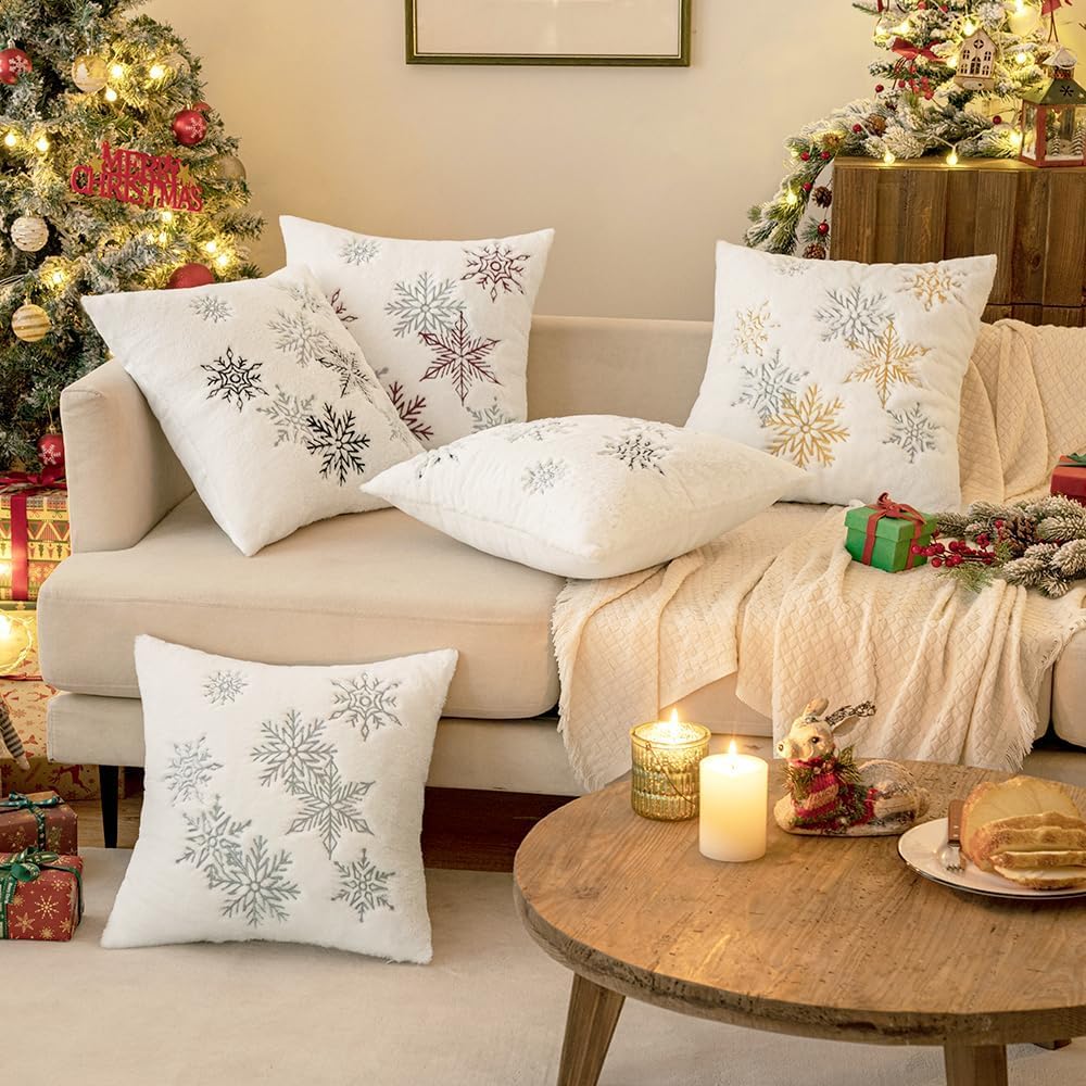 MIULEE Pack of 2 Christmas Decorative Throw Pillow Covers Soft Faux Fur Pillow Cases with Embroidery Snowflake Winter Cute Pillowcases Holiday Decor for Couch Sofa Bedroom, 20×20 Inch, Grey
