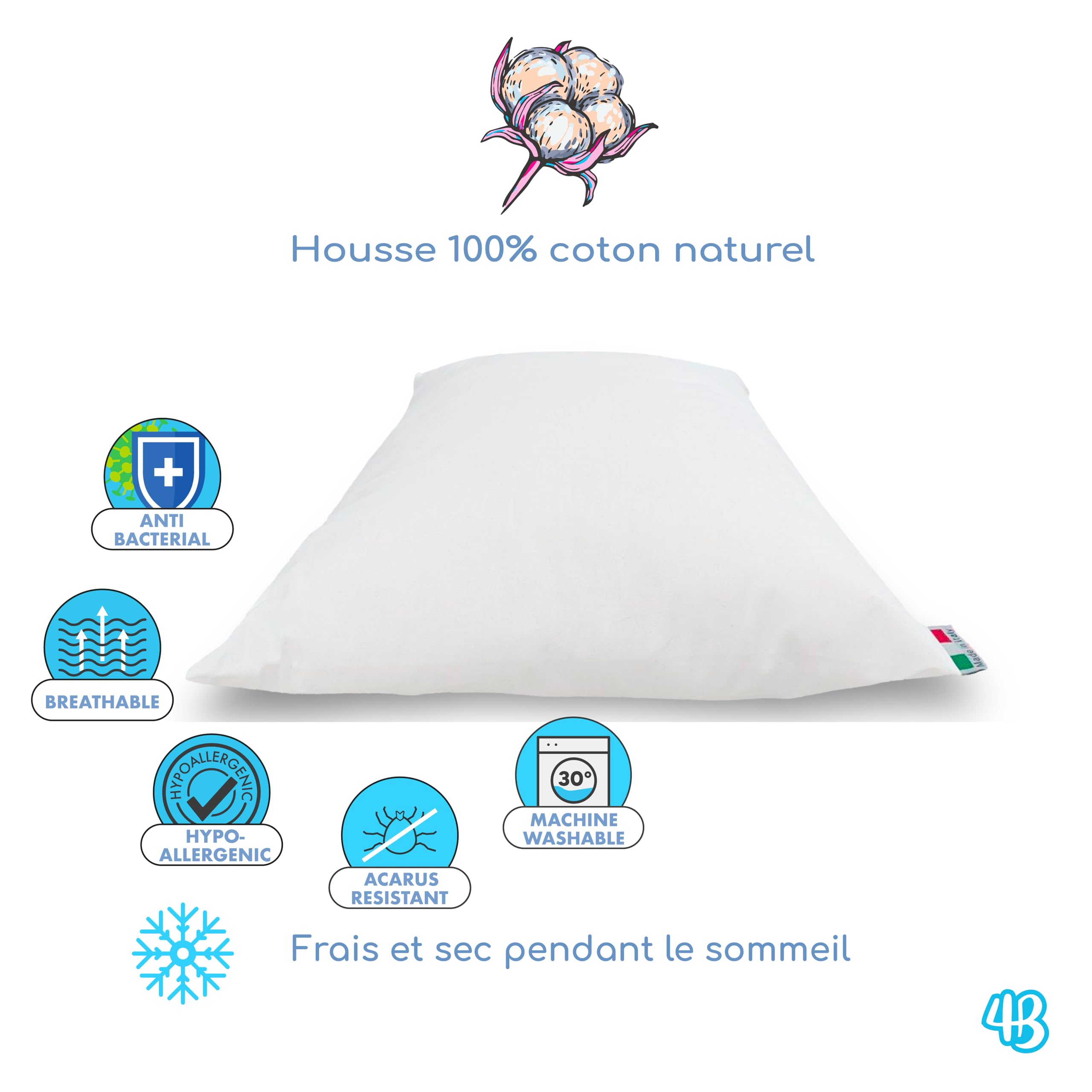 Oreiller 40x60 puor Enfant à partir de 1 an, Coussin pour Lit Enfant ou Bébé Respirant avec revêtement en Coton 100% Italien, Coussin Hypoallergénique Anti-acarien