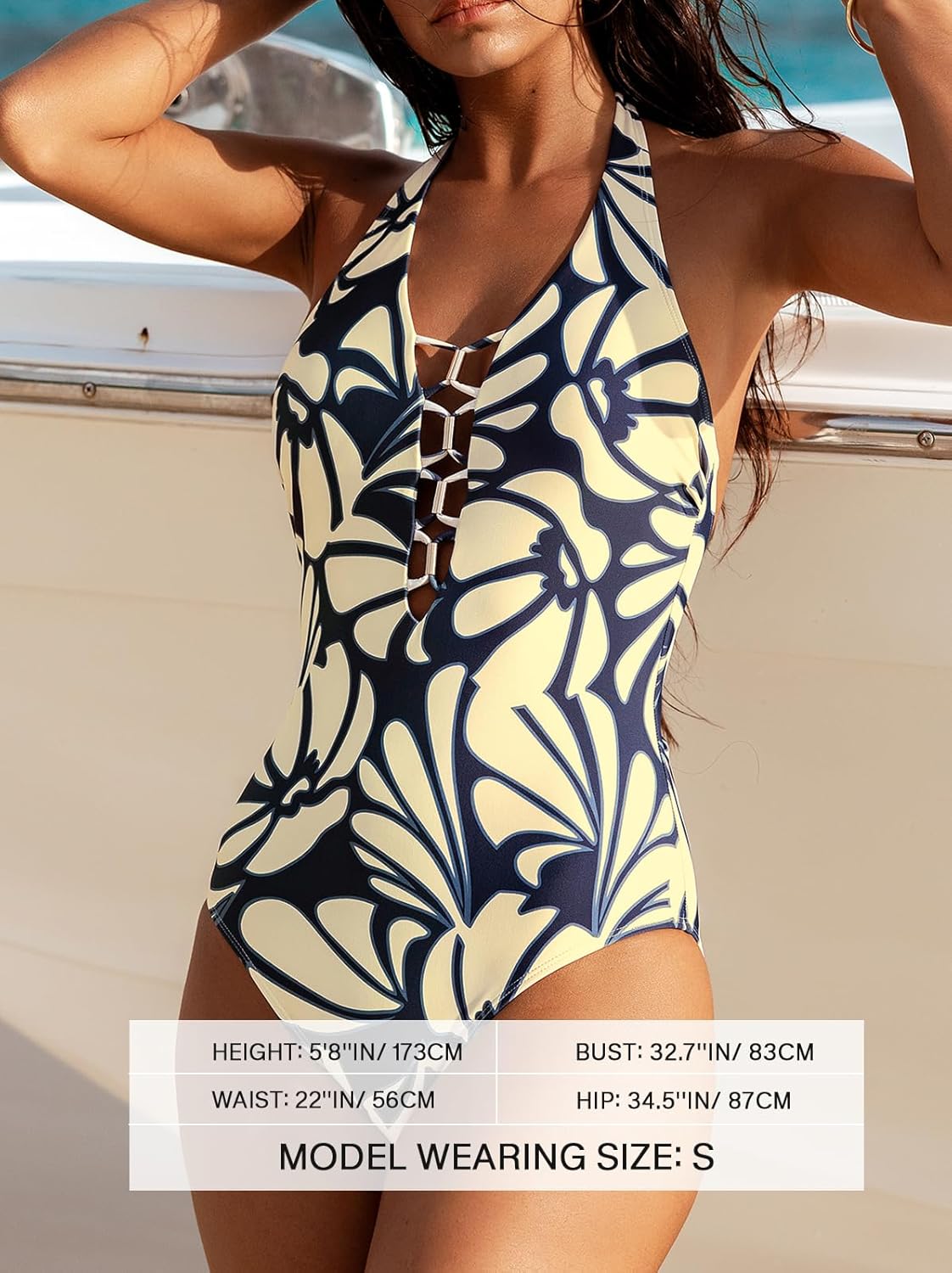 CUPSHE Women's One Piece Swimsuit Plunging Neck Halter Adjustable Straps Cutouts Bathing Suit Swimwear
