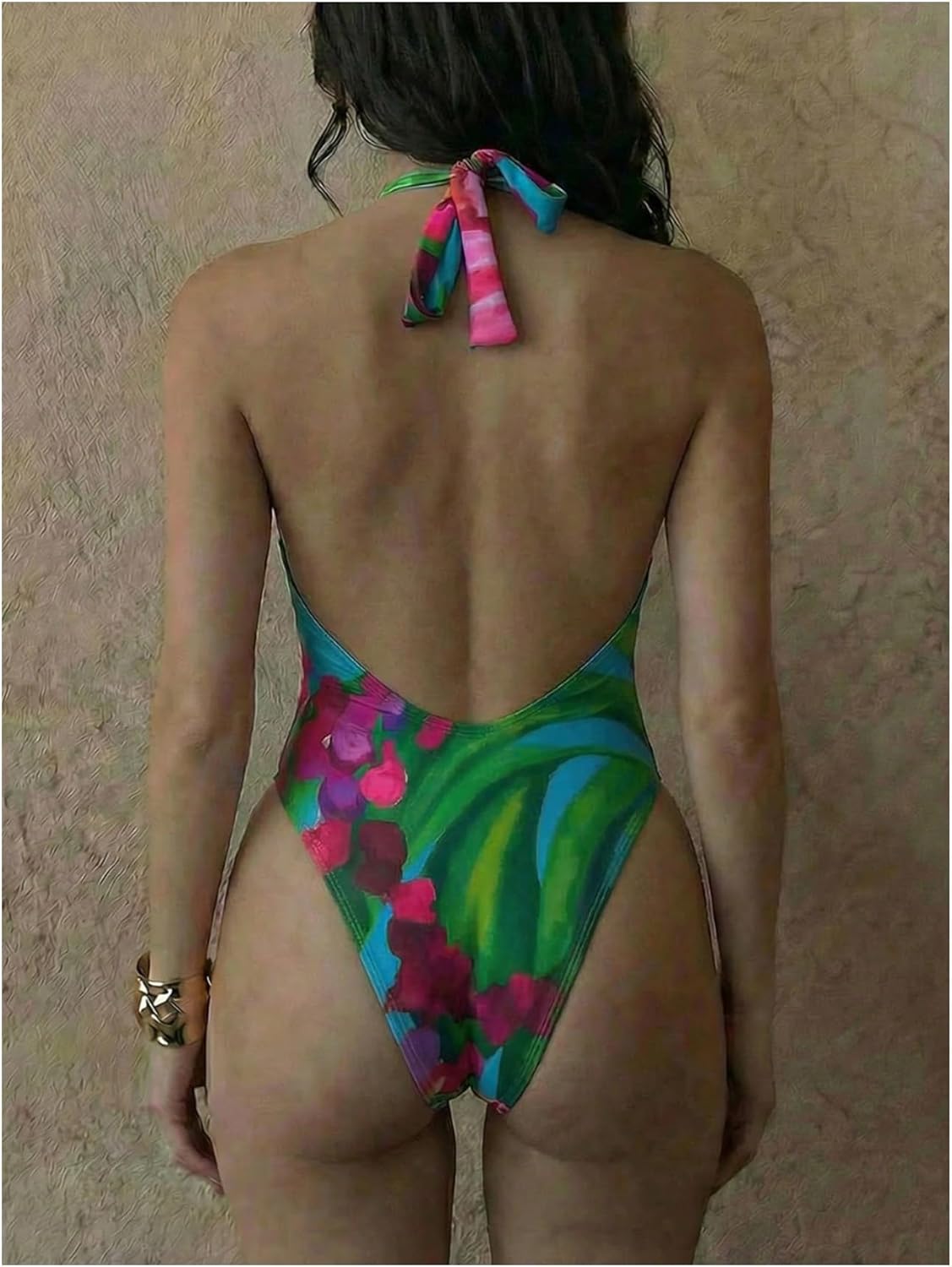 SweatyRocks Women's Floral Deep V Neck Halter One Piece Swimsuit Tie Backless High Cut Swimwear Bathing Suit