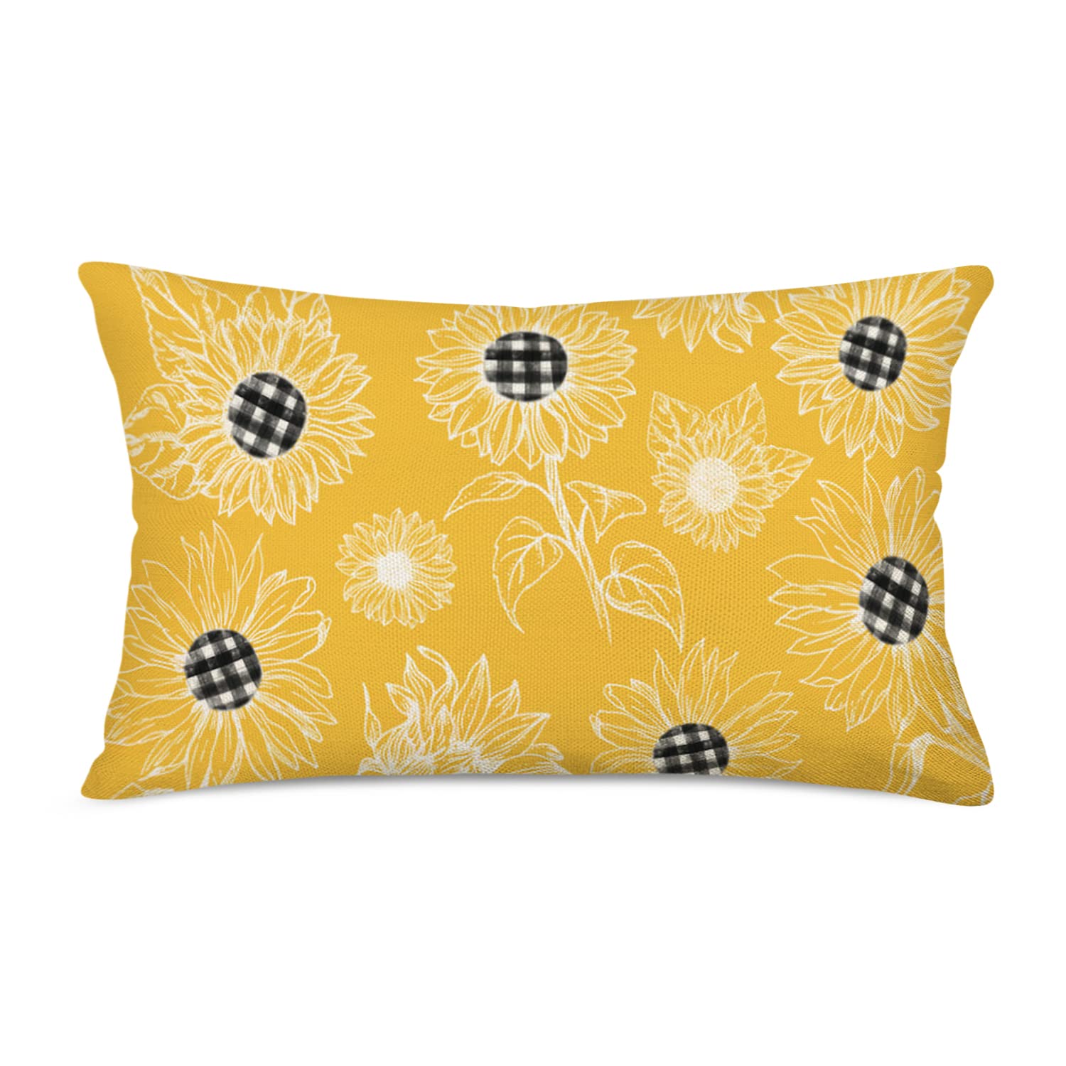 Asamour Sunflower Pillow Cover Farmhouse Decorative Yellow Black Buffalo Check Plaid Sunflowers Throw Waist Lumbar Cushion Case Spring Floral Pillows Decor Summer Decorations 12x20 Inches