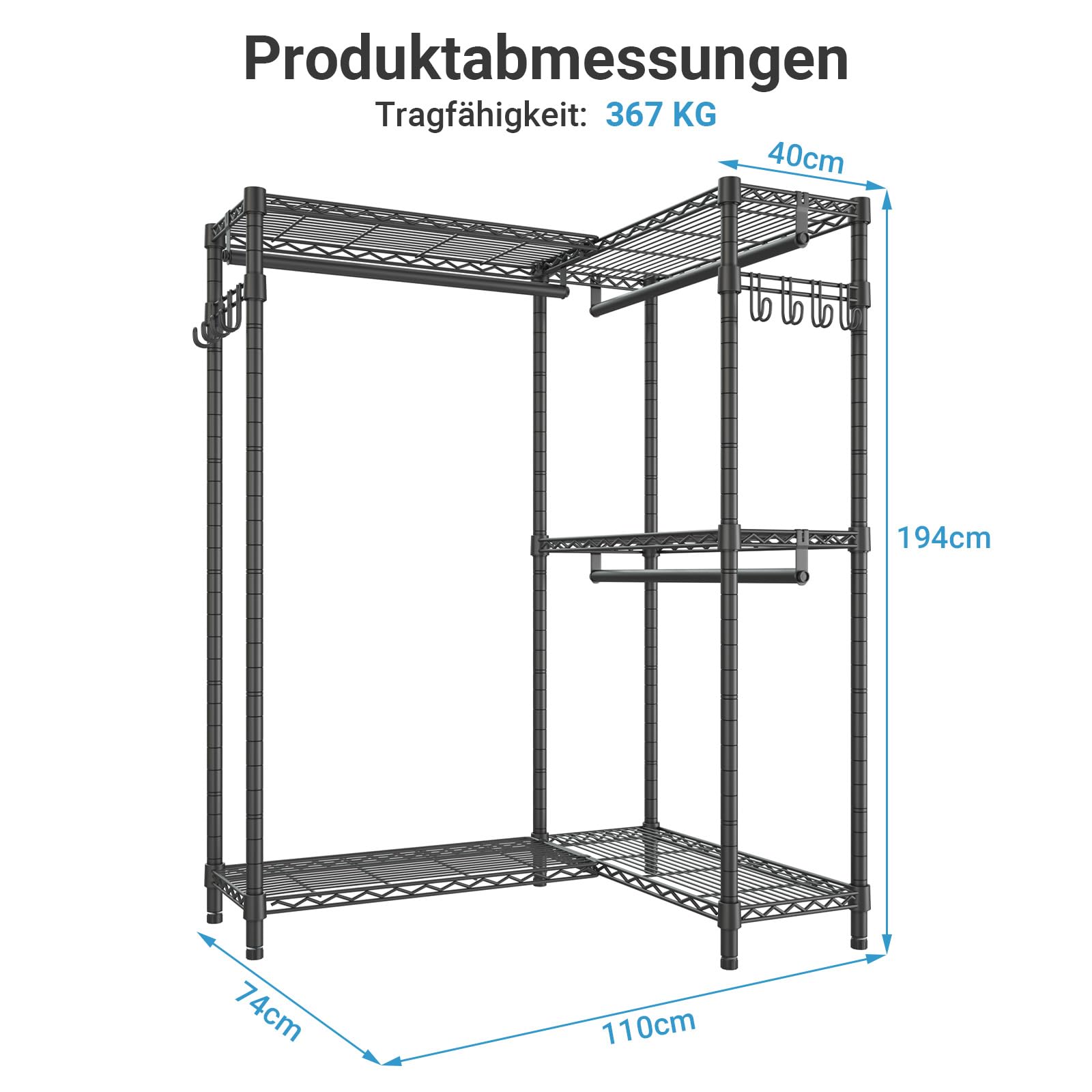 VIPEK L4 Eck-Kleiderständer, 3 Stangen & Haken, L-Form/geradlinig, max367kg