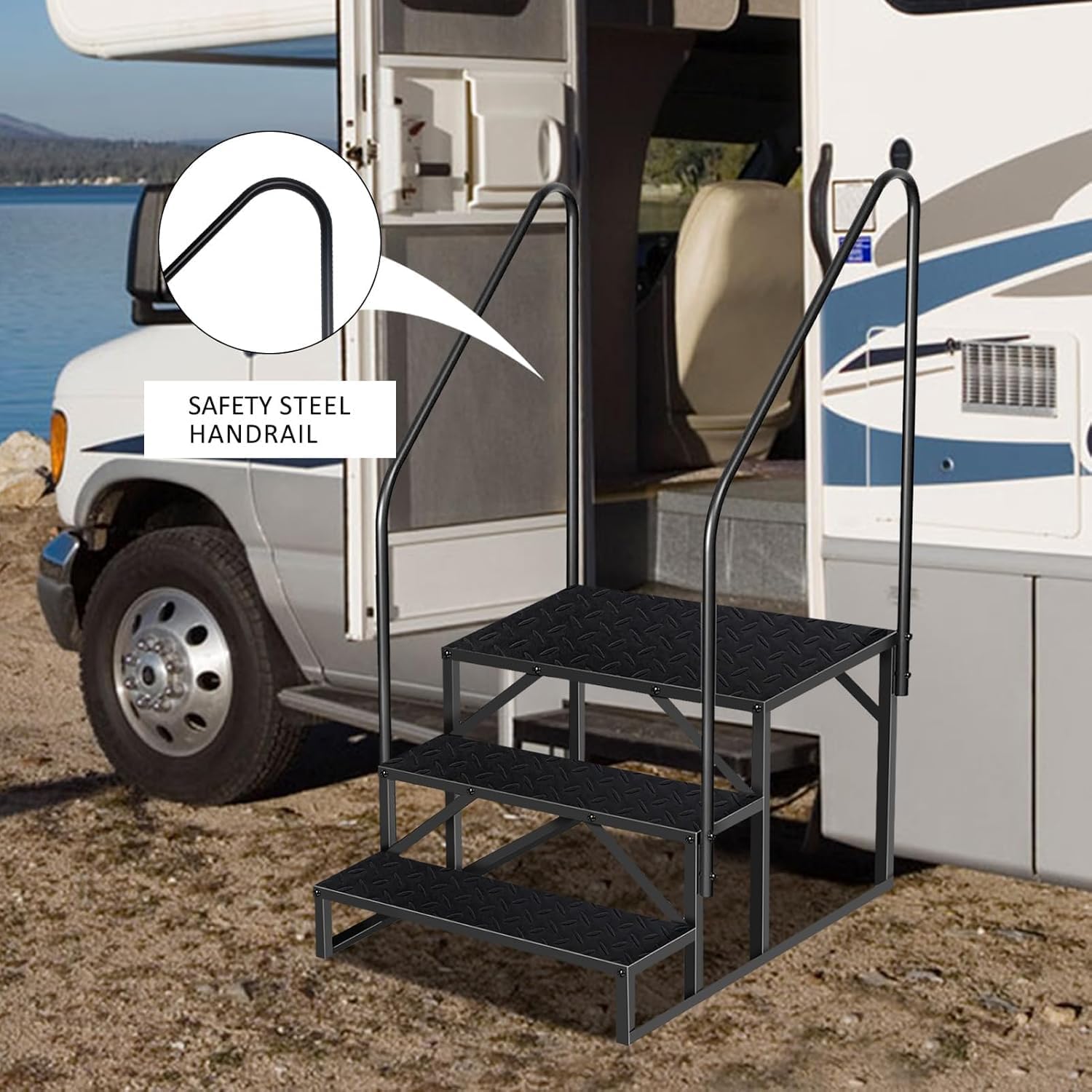 Garvee Escalier externeérieur antidérapant pour Camping-Car – Capacité 300 kg, Portable, idéal Caravane/Spa/Piscine – Marchepied Robuste avec Rampe – Simple Main Courante | 5 marches
