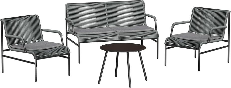 East Oak 4 Piece Patio Furniture Set, Outdoor Furniture with PE Wicker Rattan Chairs and Coffee Table, Modern Patio Conversation Set with Soft Pad for Garden, Backyard and Porch, Misty Grey