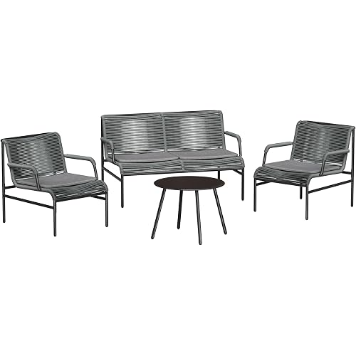 East Oak 4 Piece Patio Furniture Set, Outdoor Furniture with PE Wicker Rattan Chairs and Coffee Table, Modern Patio Conversation Set with Soft Pad for Garden, Backyard and Porch, Misty Grey