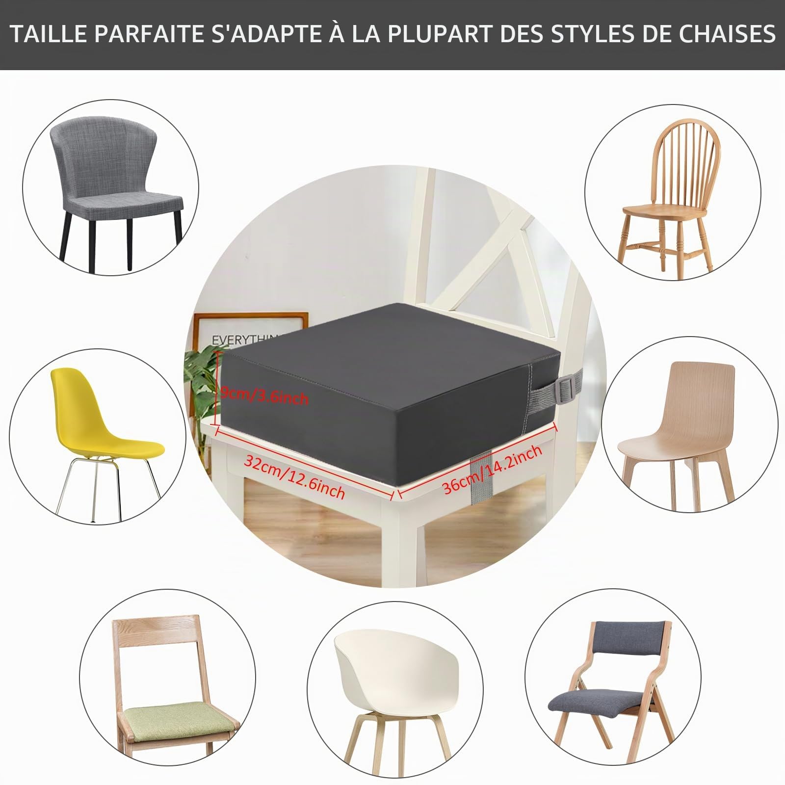 Rehausseur chaise enfant,lavable PU en Polyuréthane Double Ceinture de Sécurité Avec Fond Antidérapant Coussin de Voyage Portable (Gris foncé)