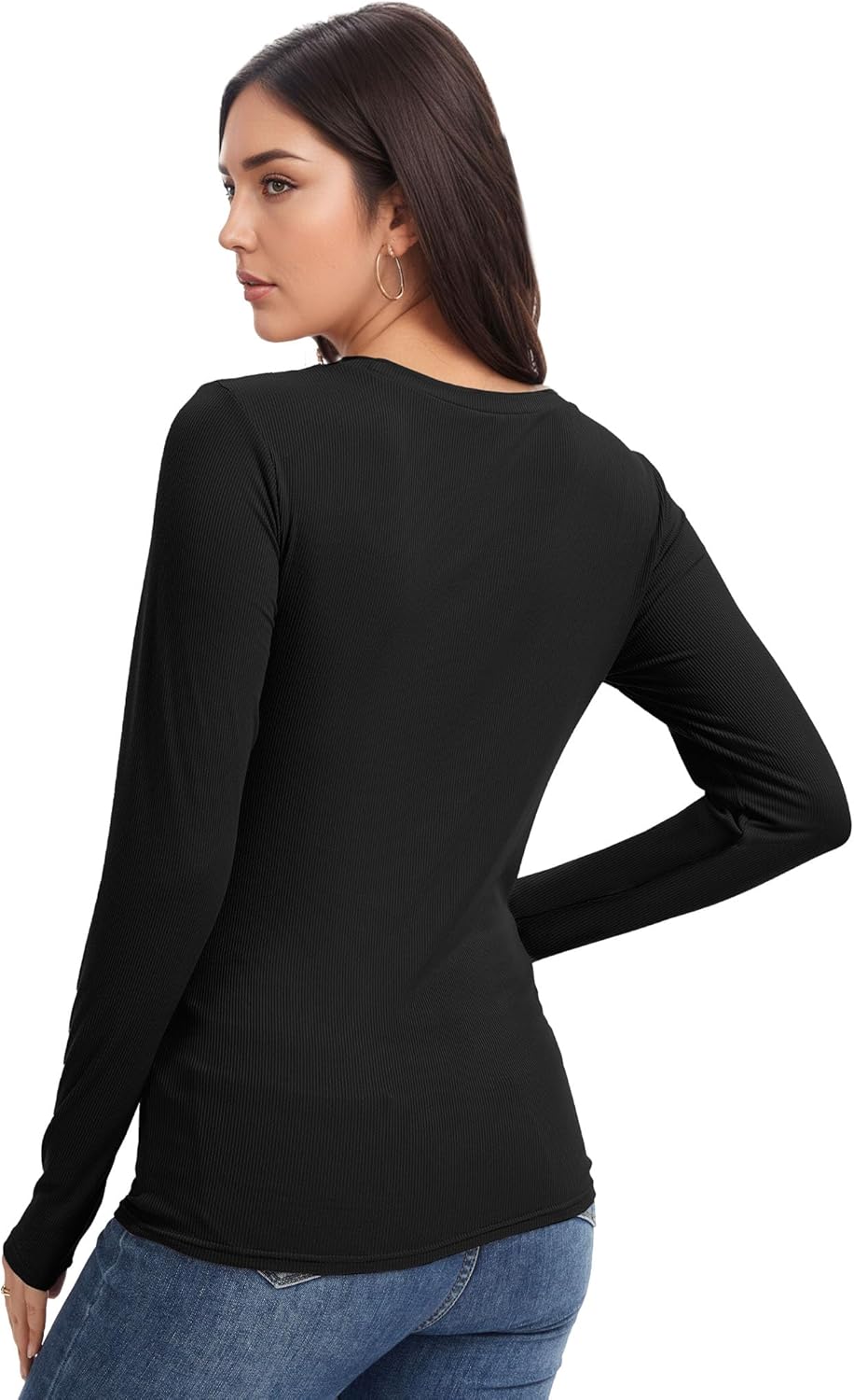 1 Pack Womens Long Sleeve Scoop Neck Ribbed Shirts, U Neck Stretch Casual Basic Tops Underscrubs Layer Clothes - Image 2