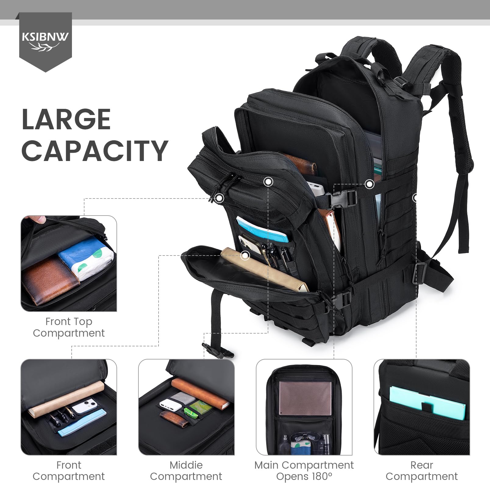 KSIBNW Mochila Táctica Militar 50L,Paquete de Asalto Molle Mochila Bolsa de Emergencia de 3 Días para Caza Senderismo Acampada y Actividad al Aire Libre,Senderismo,Camping,Trekking