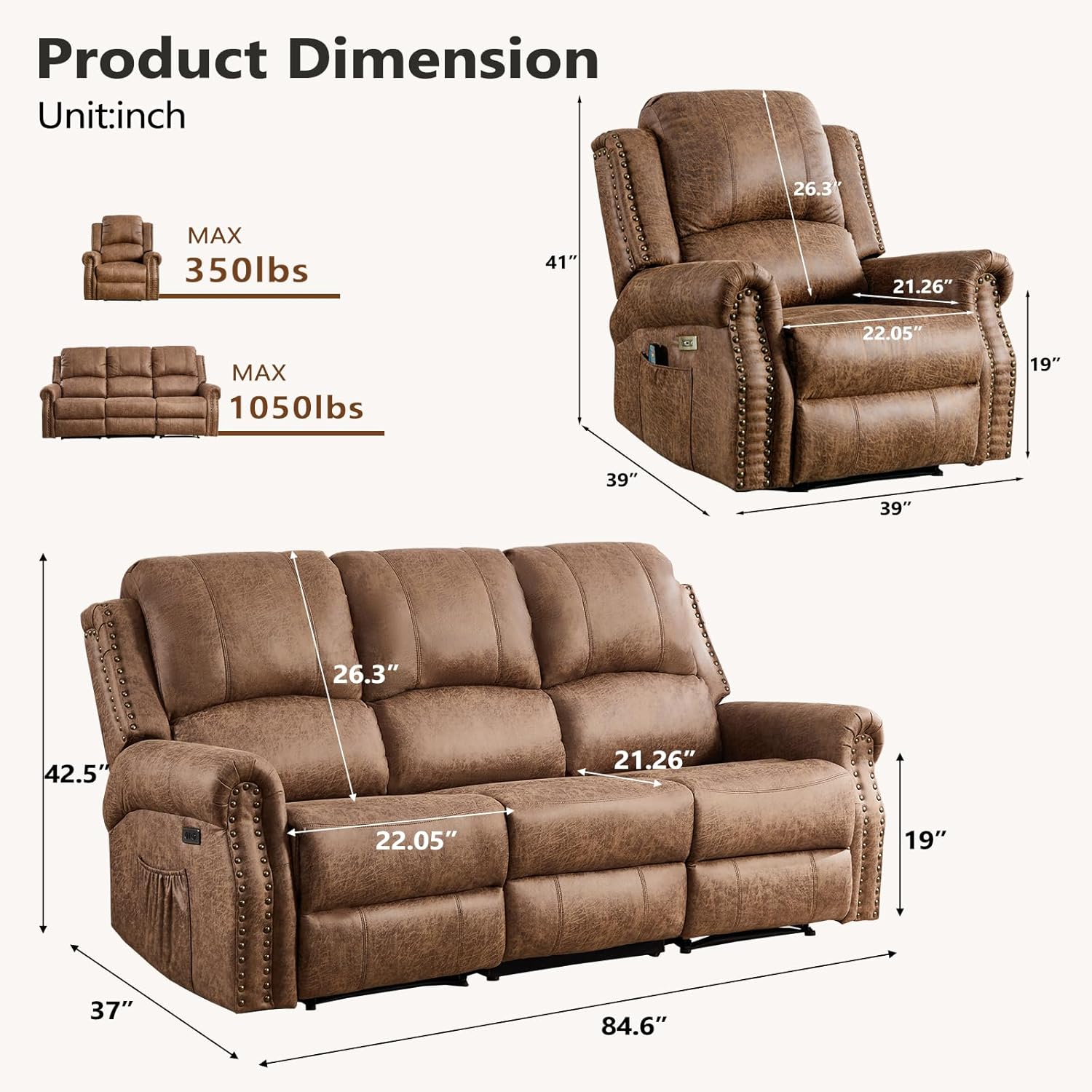 3-Piece Power Reclining Sofa Set with Rivets, Included Electric Recliner Chair with Massage & Heat and 3-Seater Recliner Couches Set of 2, Faux Leather Living Room Furniture Set, Brown