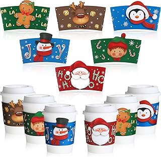 48 Pieces Christmas Coffee Tea Cup Sleeves Disposable Corrugated Paper Cup Sleeves for 12 oz and 16 oz Paper Cup Snowman Santa Cup Sleeves for Hot Chocolate Cocoa Cold Beverage (No Cups Included)