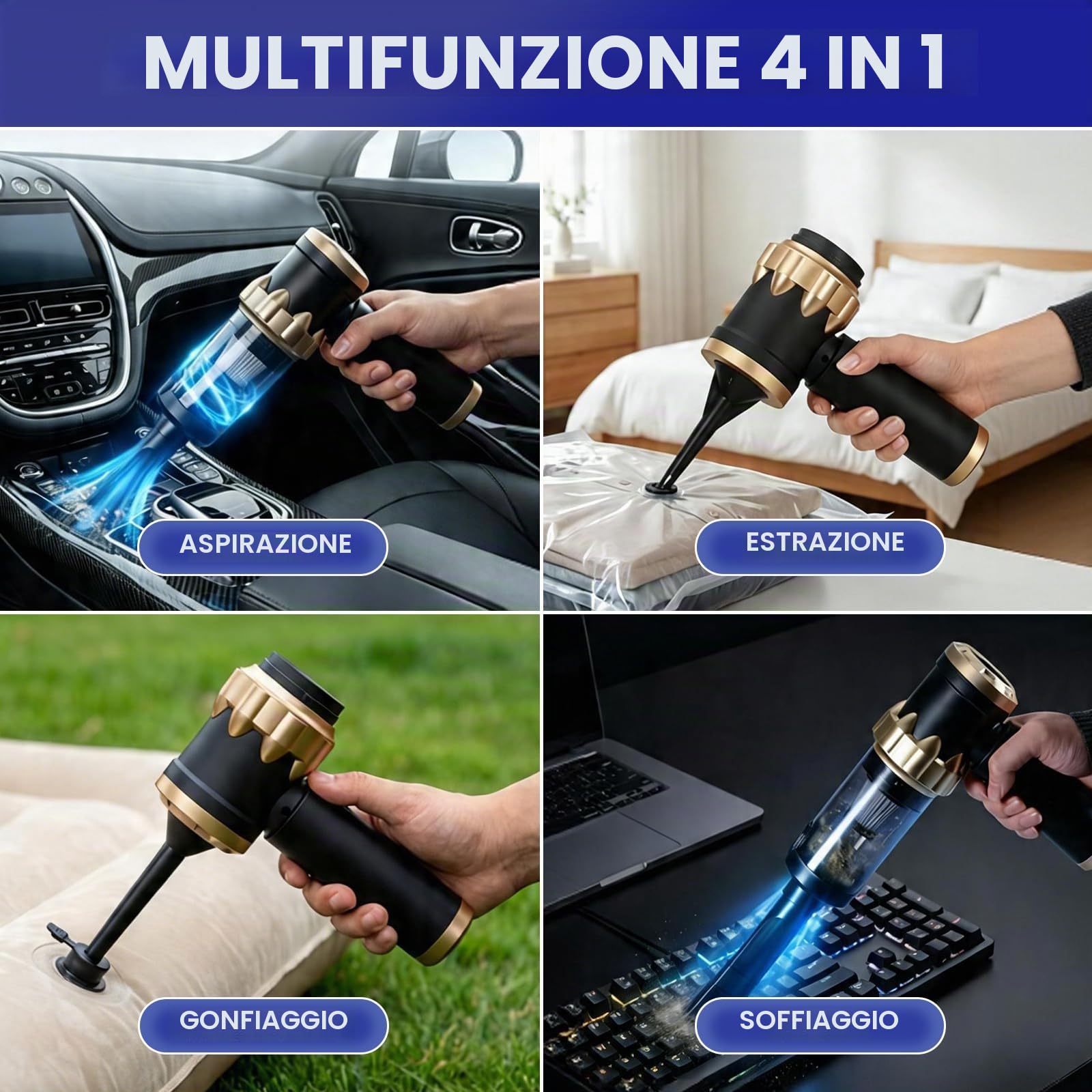 Aspirapolvere Auto Senza Fili Vacuum Cleaner, Aspirabriciole Portatile, Mini Aspirapolvere 4 in 1 26000PA, Aspira Briciole Potente Ideale per la Pulizia dell'auto e Della Casa, Oro Nero