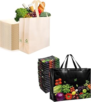 Simply Cool 50 pack Unprinted Cream and 100 pack Laminated Reusable Grocery shopping Bags Bundle