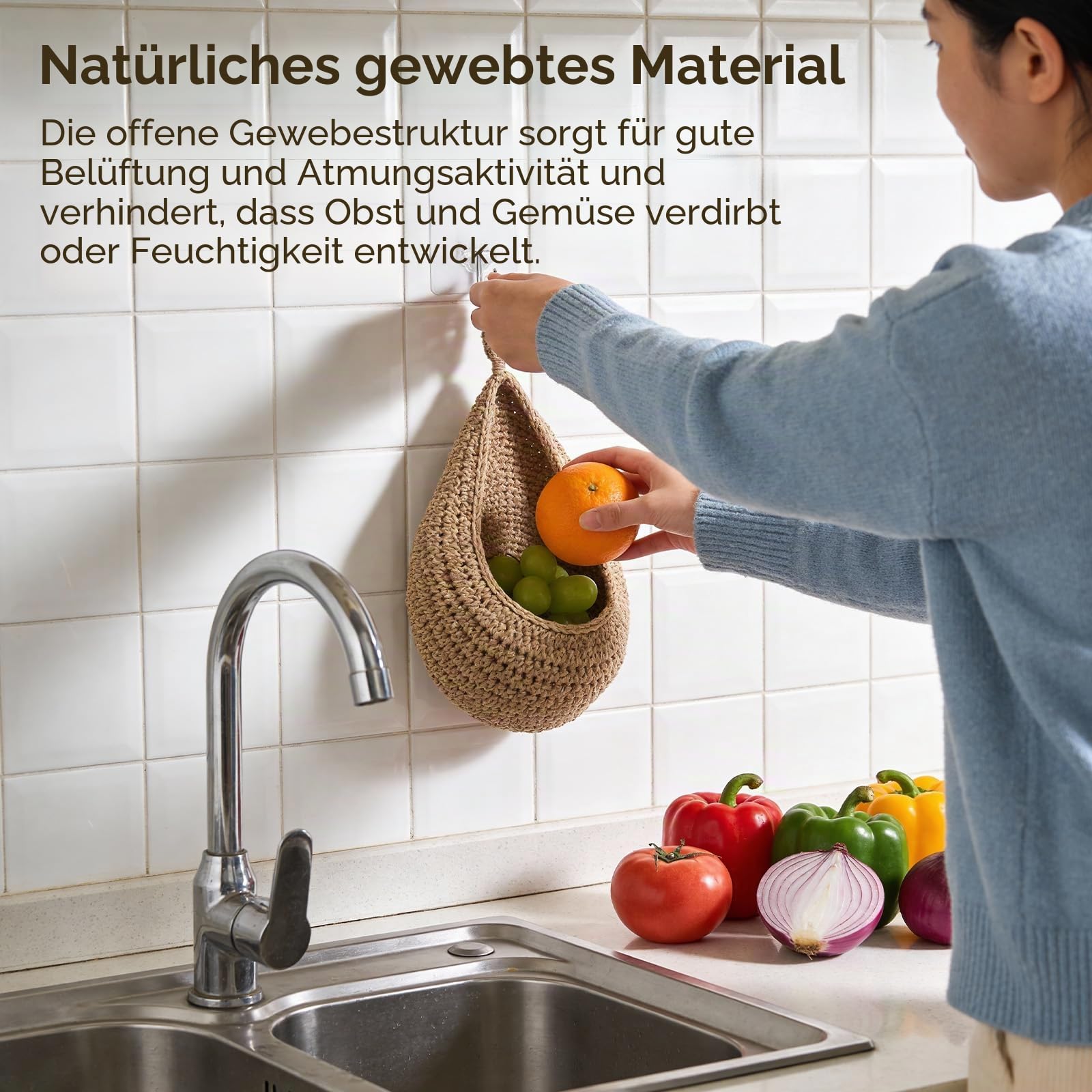 4 Stück Hängekorb Wandkorb Hängend, Geflochtener Korb zum Aufhängen mit Wandaufkleber und Haken für Aufbewahrung von Obst und Gemüse, Organisieren und Dekorieren