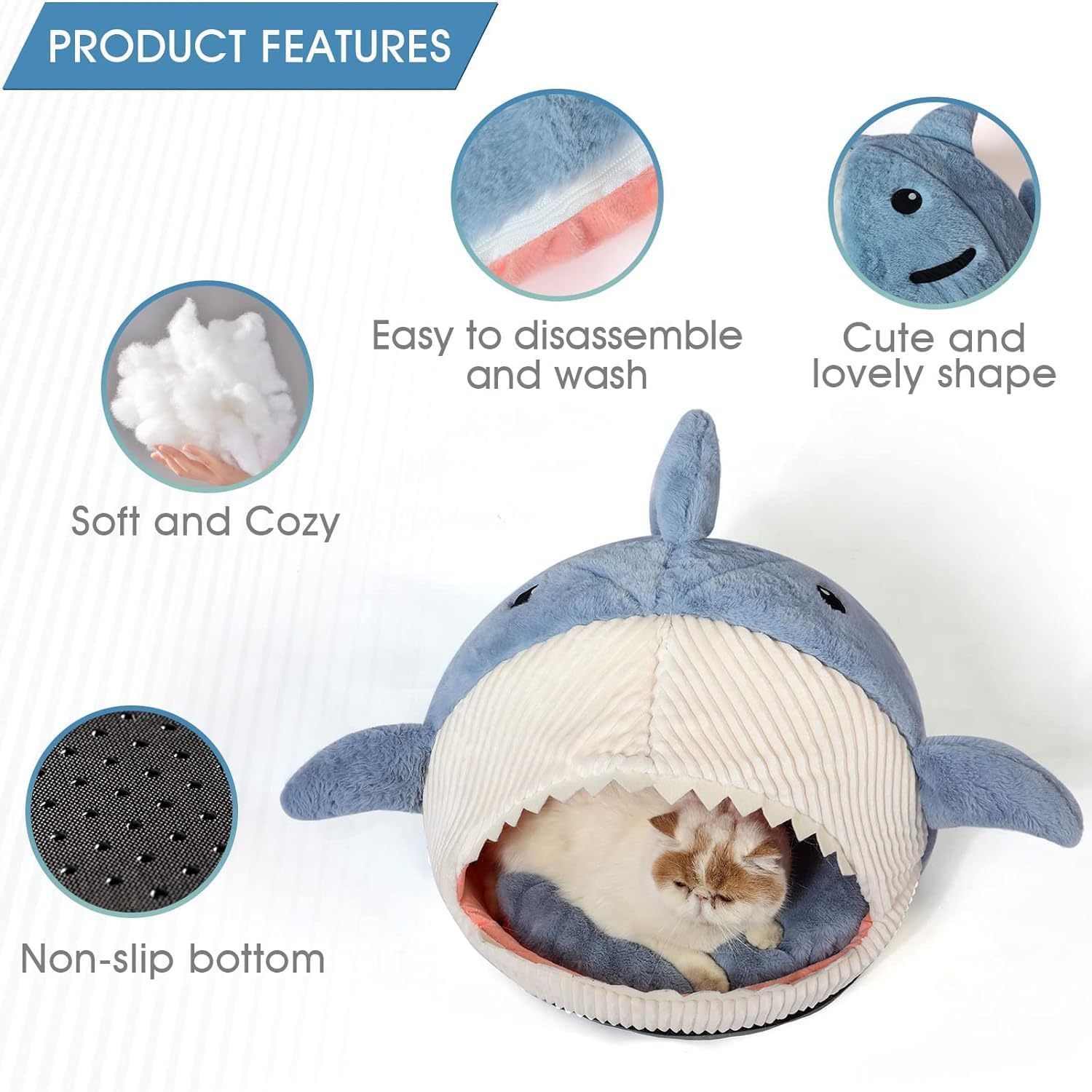 سكيهد سرير قطط ناعم لطيف، كهف دافئ للقطط على شكل سمكة قرش مع وسادة قابلة للازالة والغسل للكلاب الاليفة (رمادي فاتح، L)