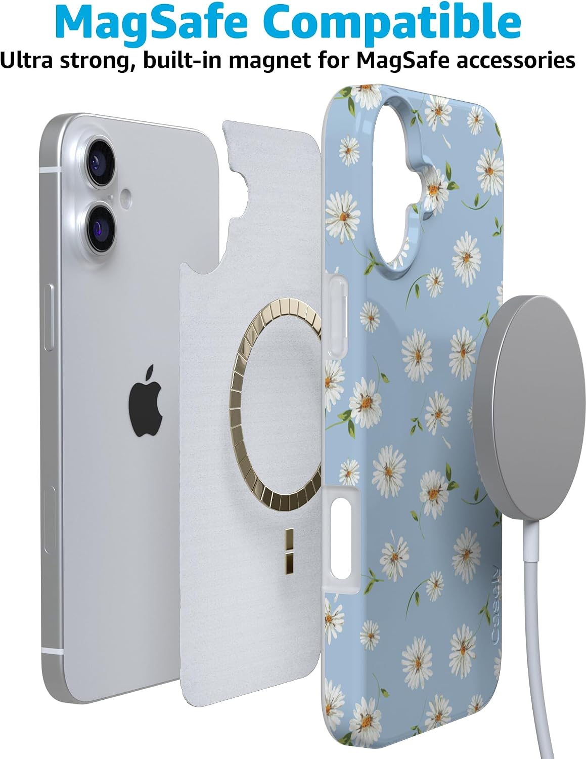 Casely iPhone 16 Case | Daisy Daydream | Baby Blue Floral | Compatible with MagSafe | Classic Ultra Slim Design