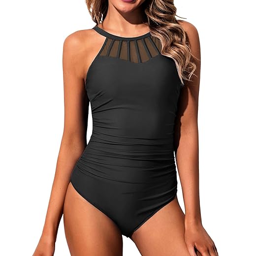 Holipick Solid Black Women High Neck One Piece Swimsuit Tummy Control Halter Slimming Bathing Suit Mesh Swimwear for Teen Girls M(US 8-10)