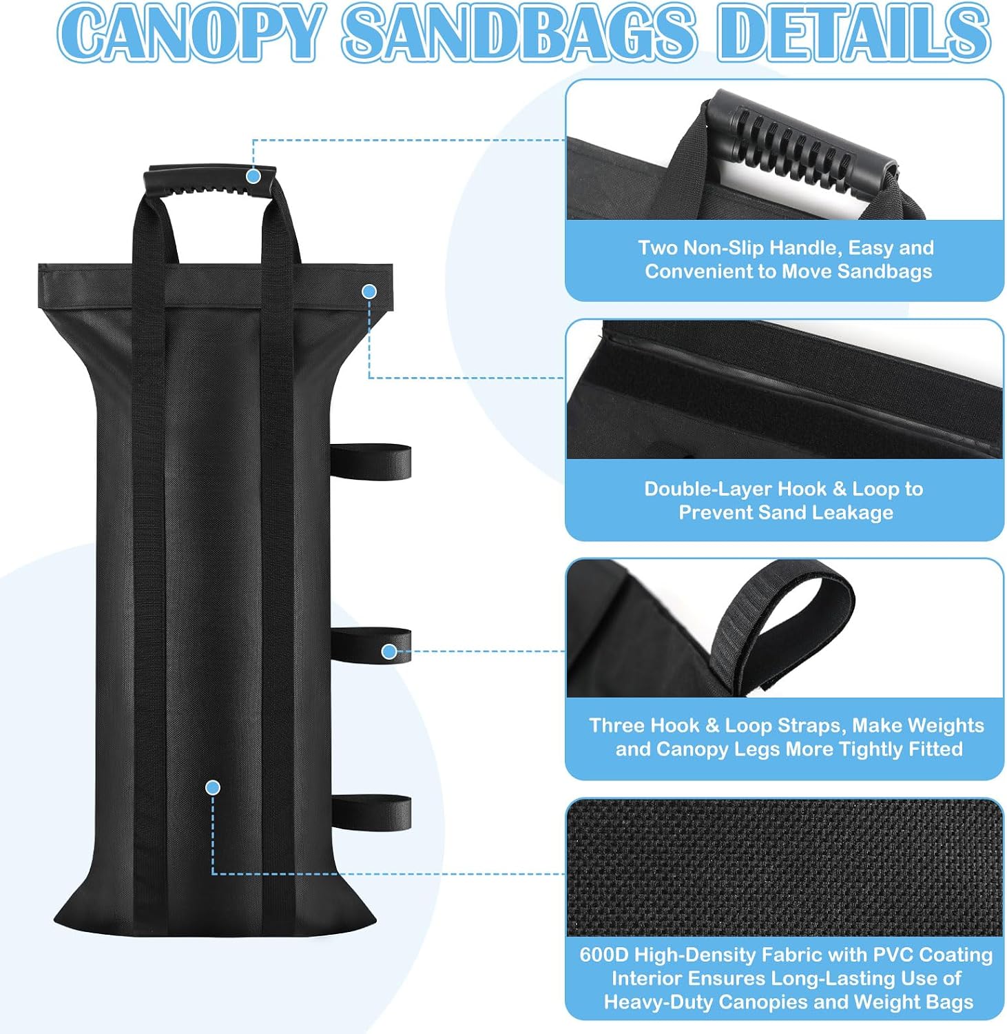 200LBS Canopy Sand Bags Set of 4 Empty Sandbags for Canopy Tent Legs, Heavy Duty Pop Up Canopy Tent Weights for Outdoor Gazebos, Umbrellas, Pergolas, Sunshades & Patio Furniture - No Sand