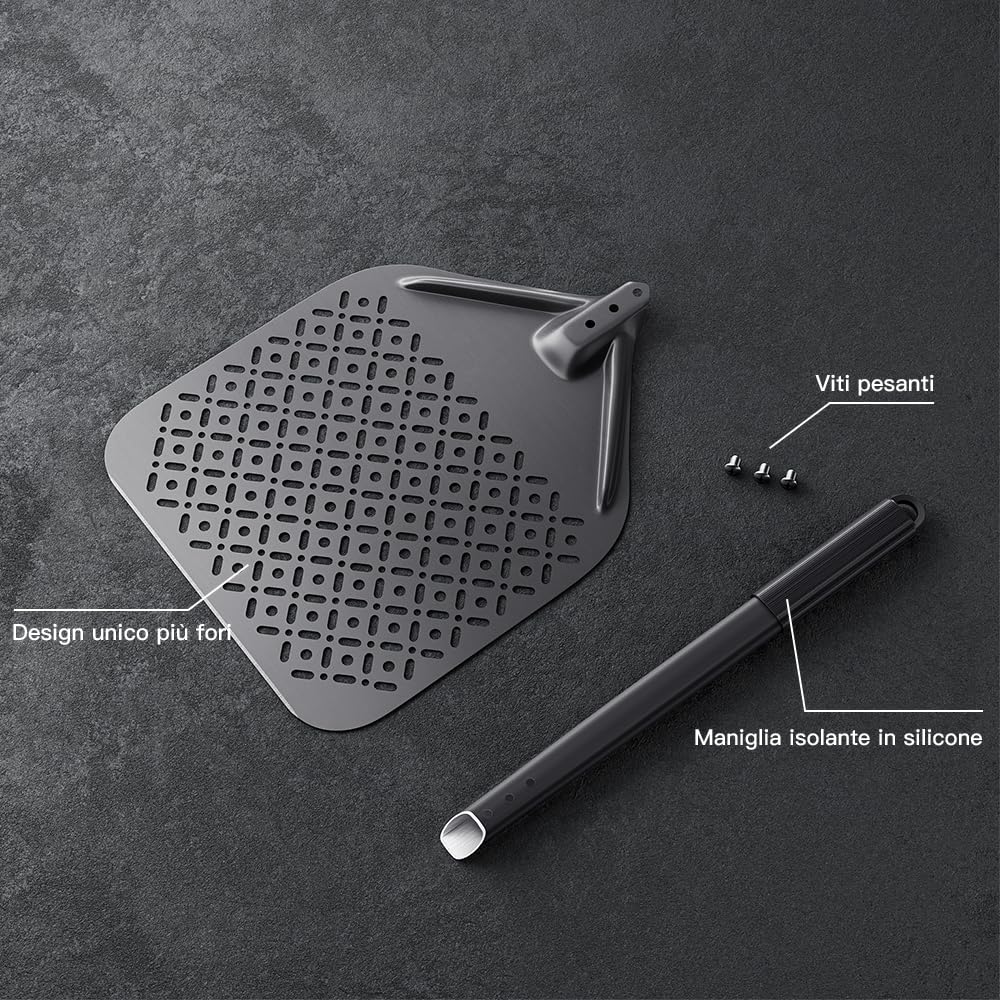 Pelle à Pizza, Plaque à Pizza pour Four en Aluminium Anodisé Dur avec Poignée Bonne Prise, Grattoir à Pizza Perforé pour Pizzas, Pain, Tartes Faites Maison 30 cm