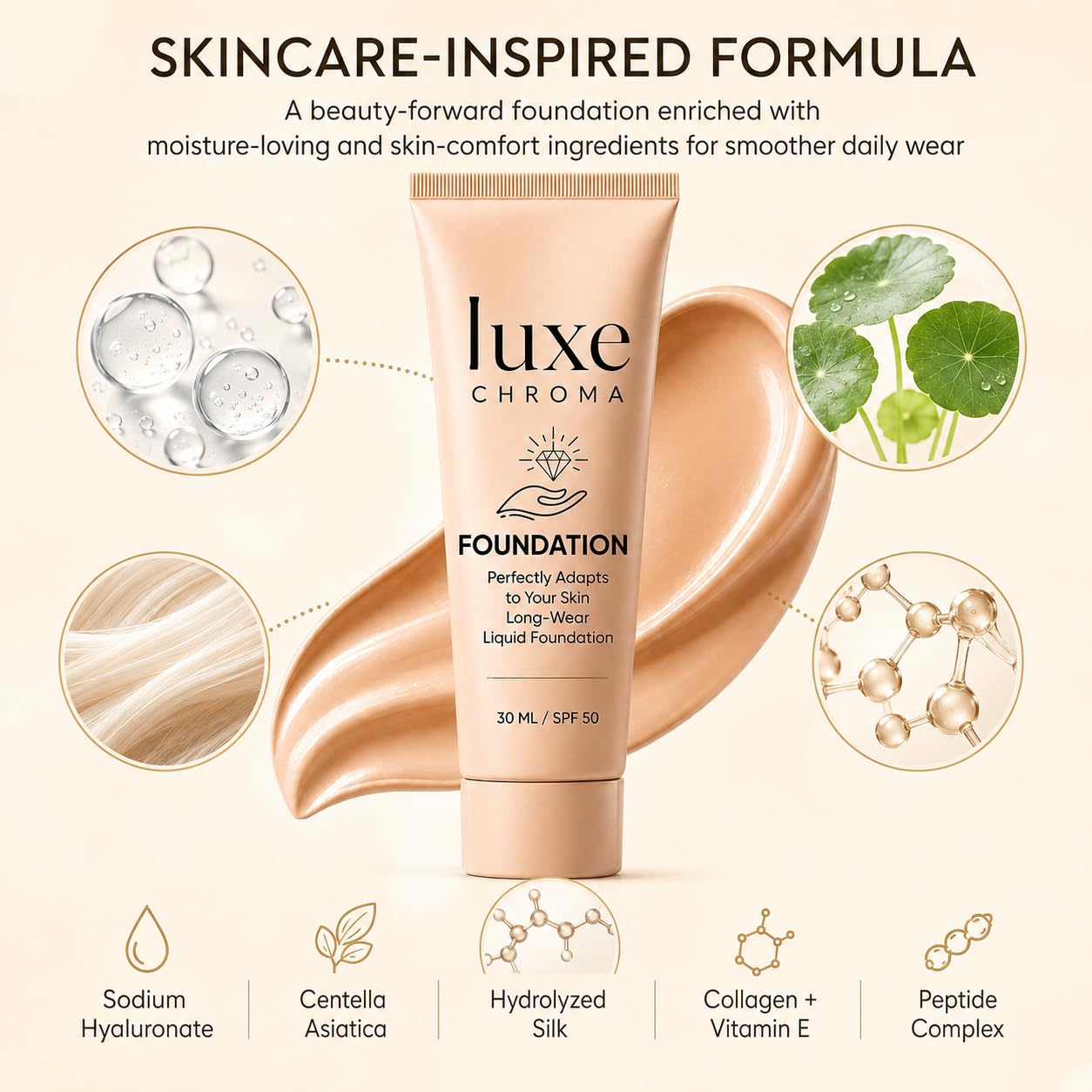 Official Iuxe Foundation for Mature Skin, 4-in-1 Foundation - Longwear Match, Hydrating Full Coverage, Long-Lasting & Waterproof for all Skin Types