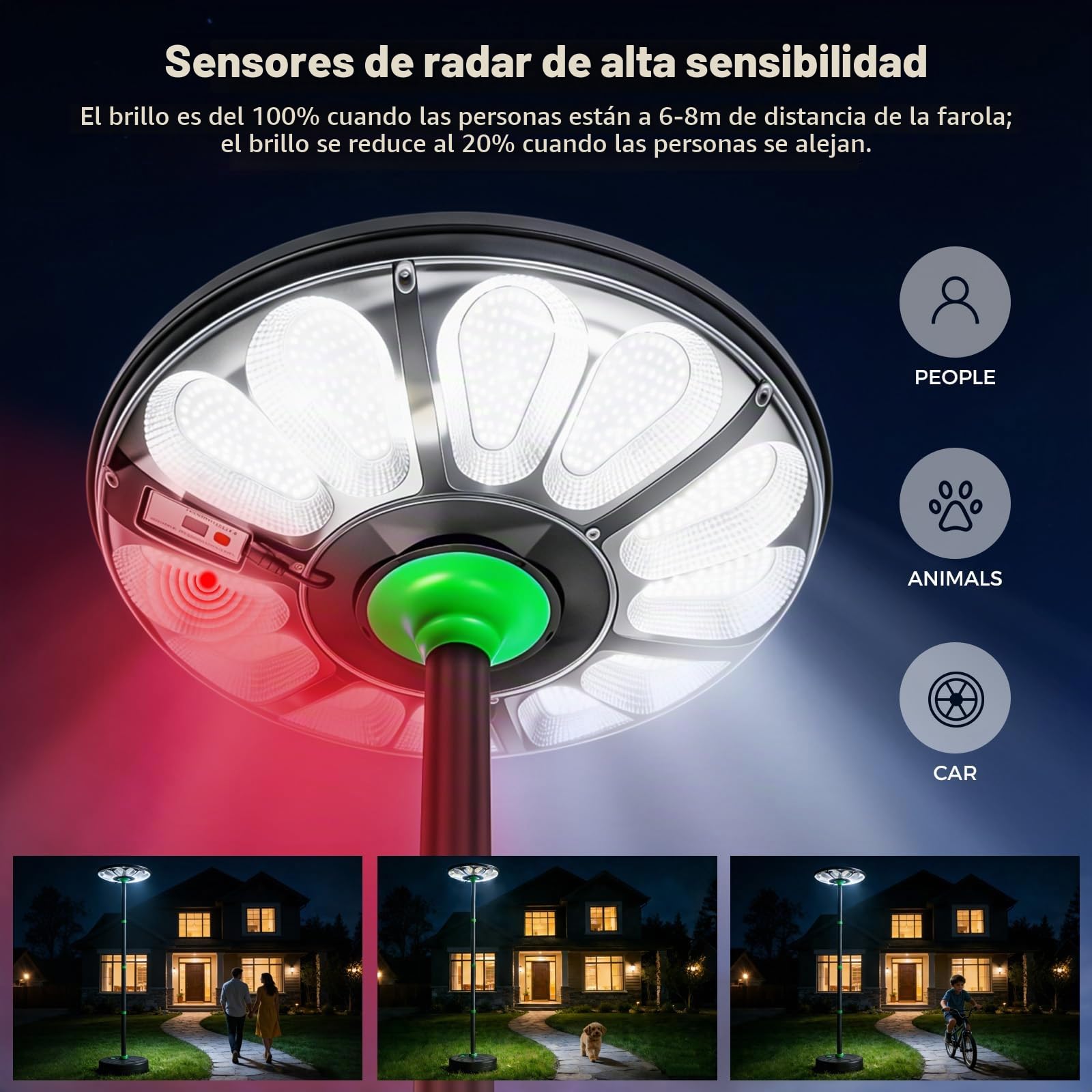 Farola solar para exteriores foco LED 75W para jardín patio garaje | con sensor de movimiento y poste de luz de 240cm de altura, base rellenable con agua, luz de seguridad, lámparas solares
