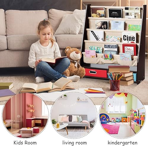 Miniatura 3 de HONEY JOY Estante para libros para niños con 2 contenedores de almacenamiento, estantería de madera para niños pequeños con 4 estantes de eslinga,
