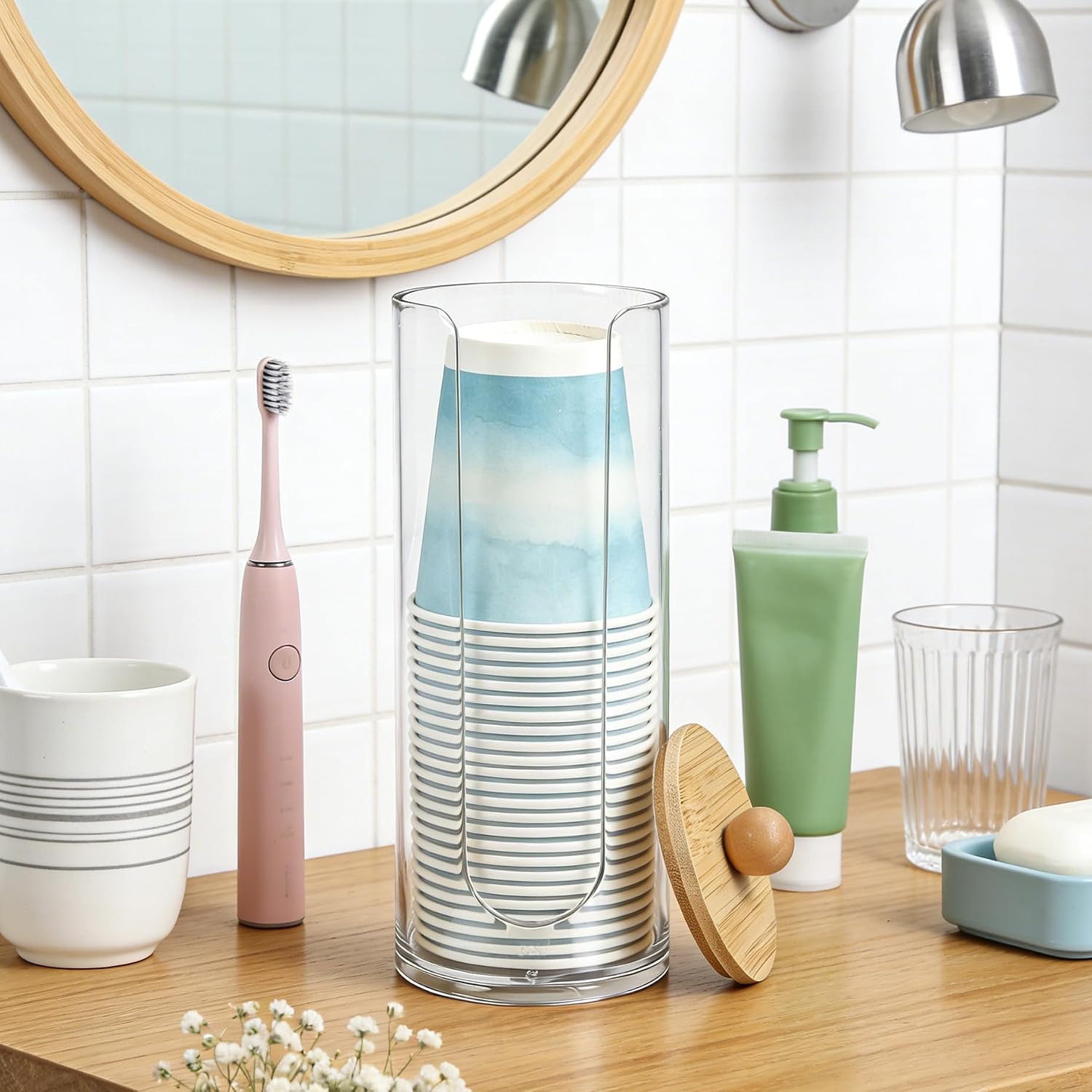 2-Pack Bathroom Cup Dispenser, Mouthwash Cup Holder for 3 oz Disposable Paper and Plastic Cups with Bamboo Lid, Cup Organizer for Bathroom, Kitchen, Office, Clear