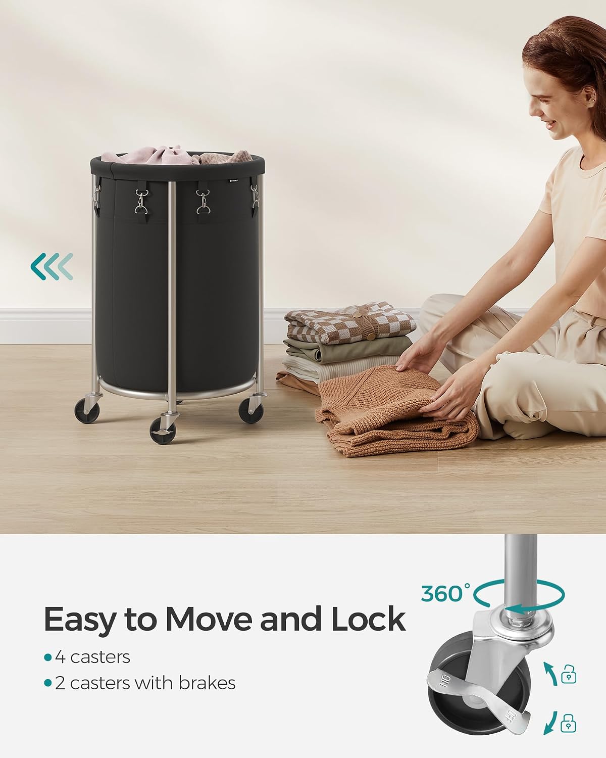Image illustrating how to move and lock the laundry basket, with a close-up of a caster with a brake